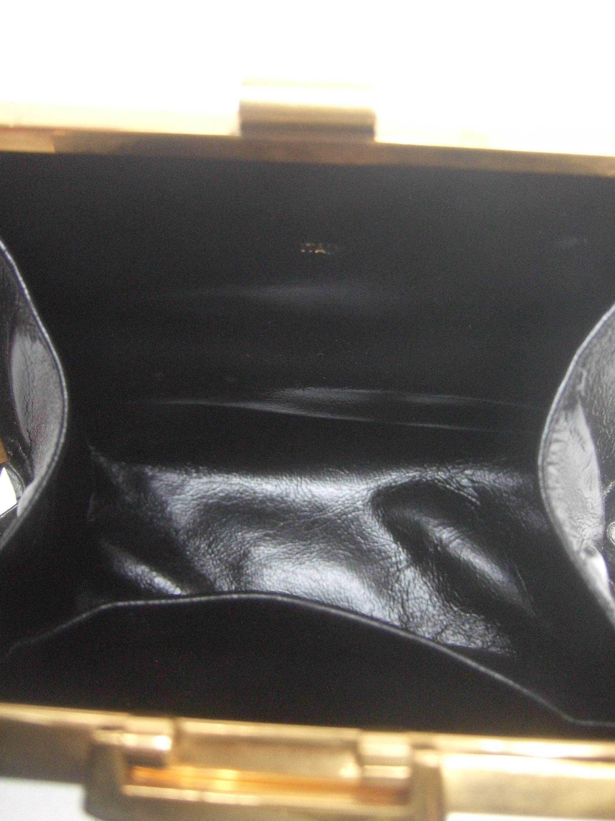 Rodo Italy Sleek Gilt Metal Black Leather Handbag c 1970 3