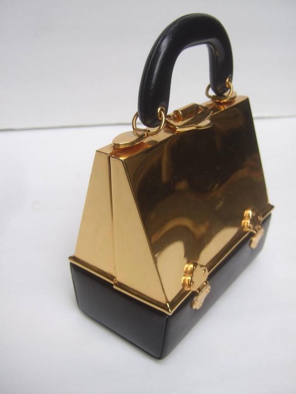Rodo Italy Sleek Gilt Metal Black Leather Handbag c 1970 at 1stDibs