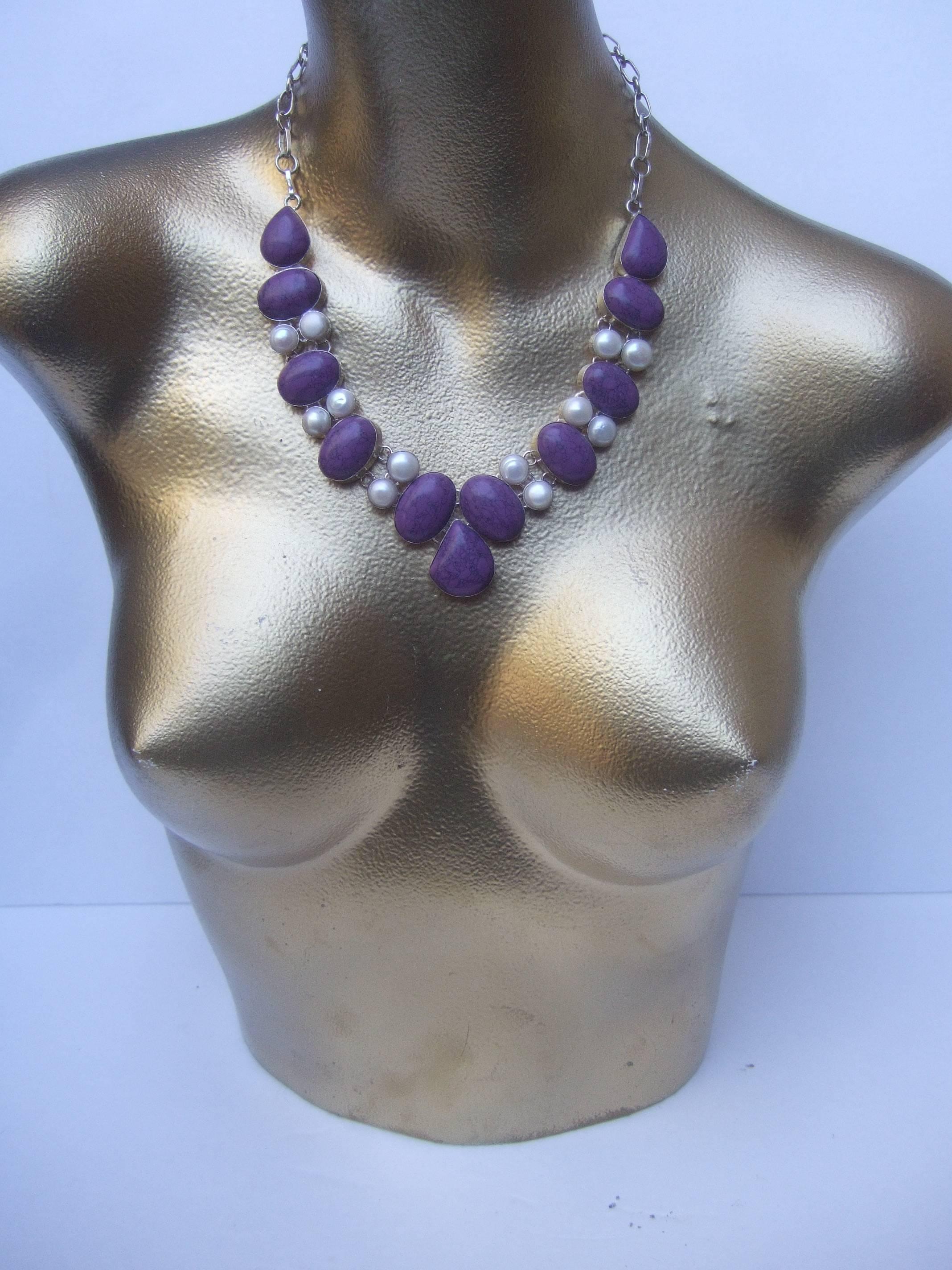 Sterling Artisan Purple Stone and Pearl Statement Necklace In Good Condition In University City, MO