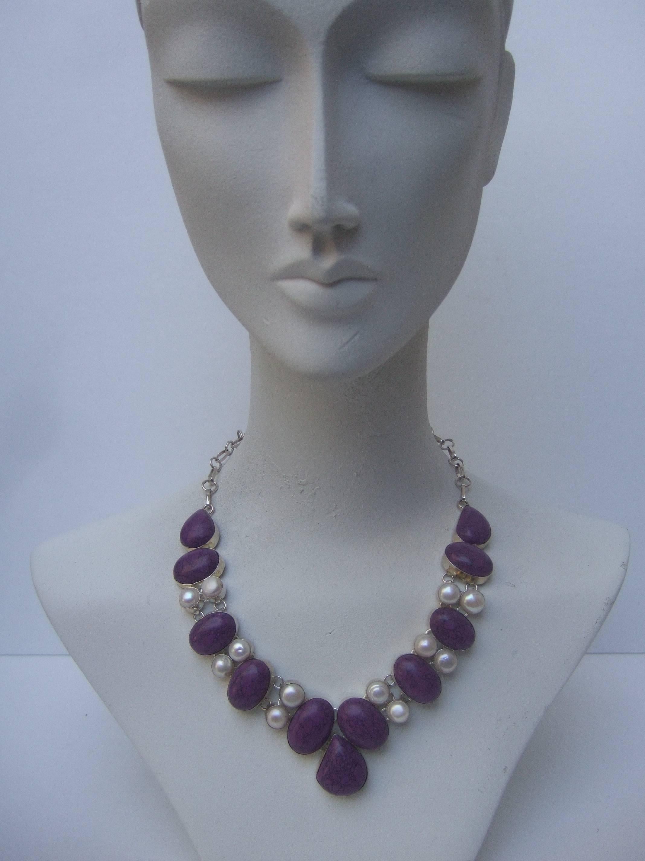Women's Sterling Artisan Purple Stone and Pearl Statement Necklace