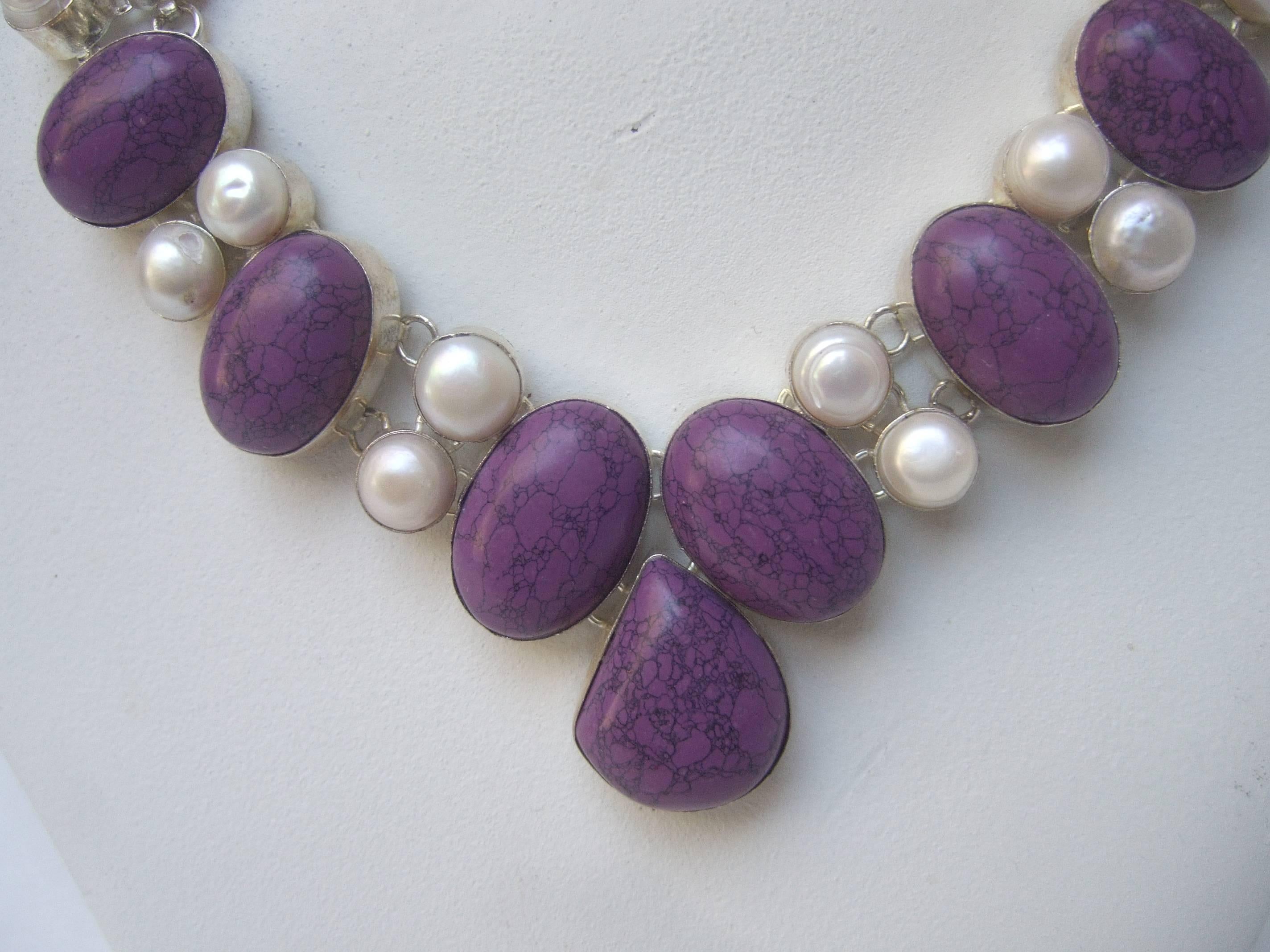 Sterling Artisan Purple Stone and Pearl Statement Necklace 2