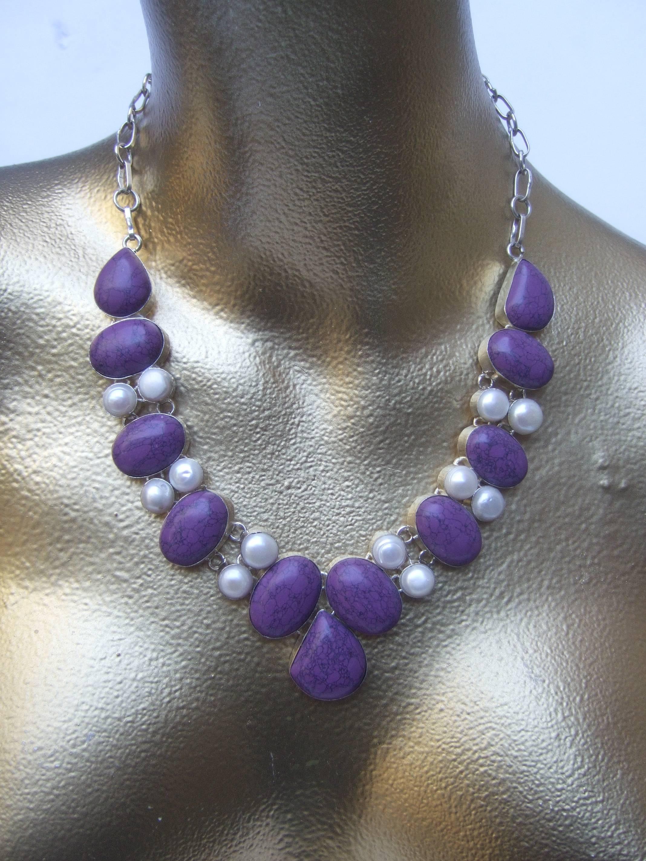 Sterling Artisan Purple Stone and Pearl Statement Necklace 3
