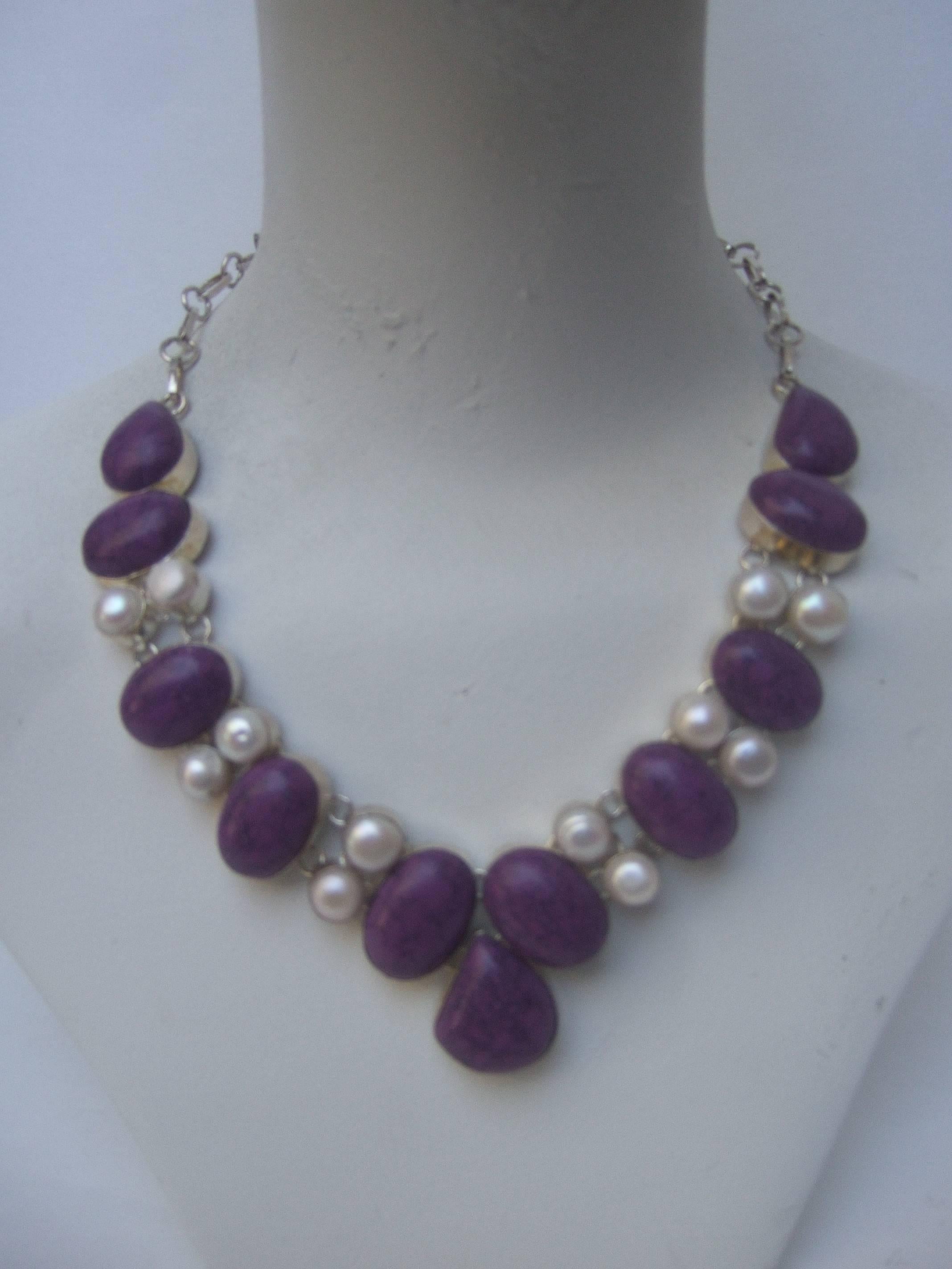 Sterling Artisan Purple Stone and Pearl Statement Necklace 4