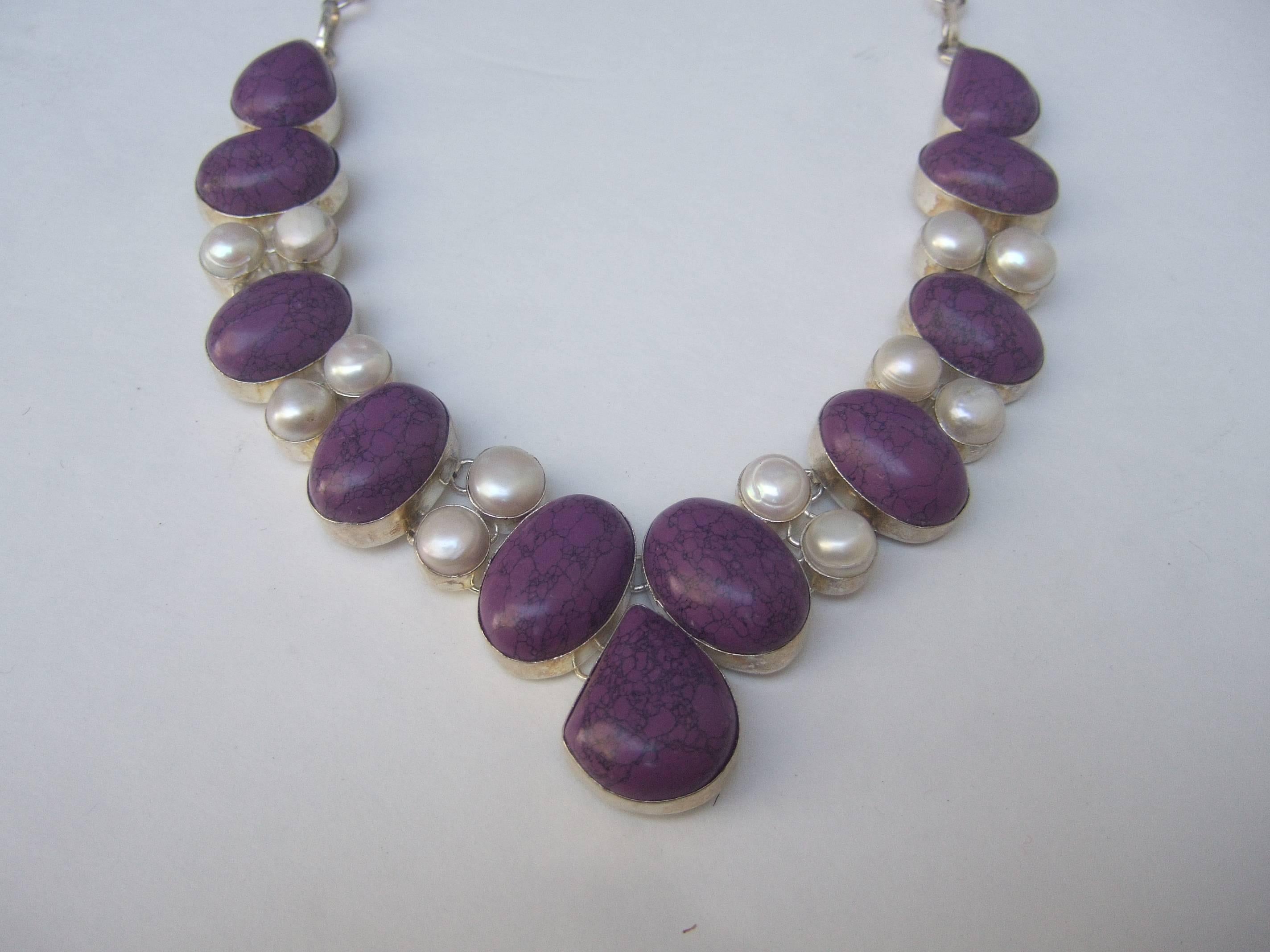 Sterling Artisan Purple Stone and Pearl Statement Necklace 6
