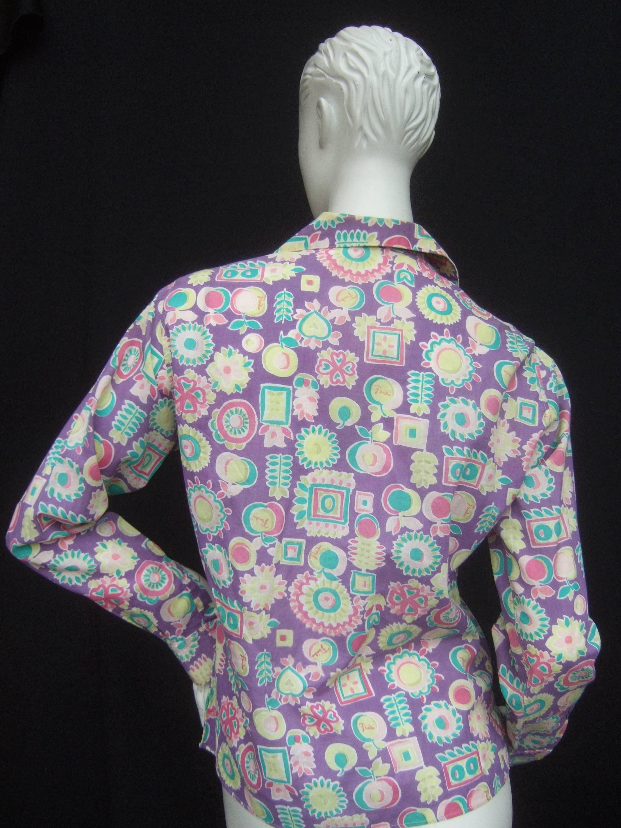 Women's Emilio Pucci Cotton Pastel Print Blouse Made in Italy c 1970 For Sale