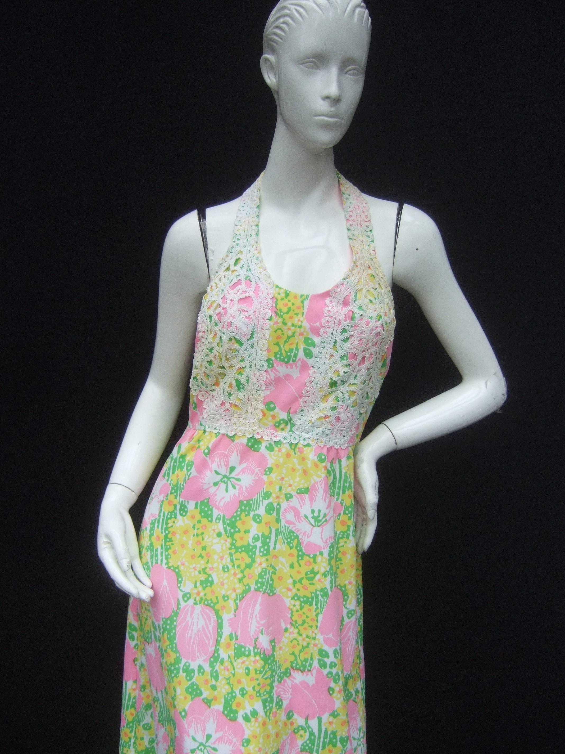 Brown Lilly Pulitzer Vibrant Floral Print Halter Gown c 1970s