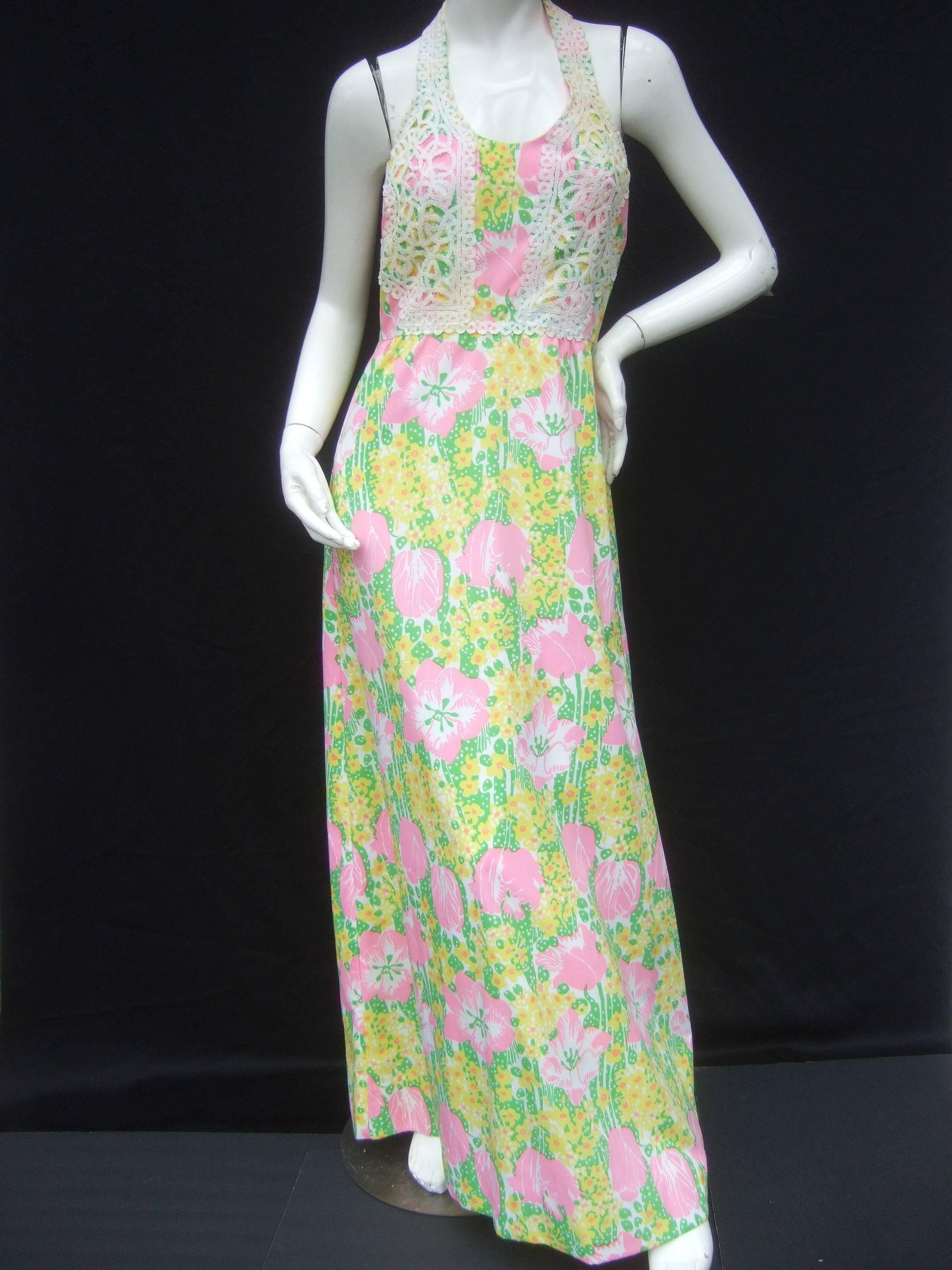 Lilly Pulitzer Vibrant Floral Print Halter Gown c 1970s In Good Condition In University City, MO