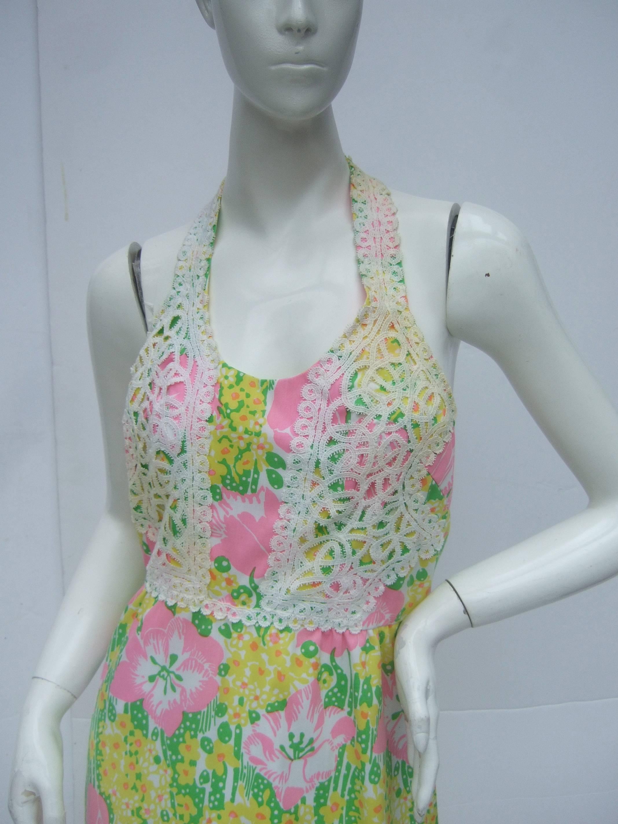 Lilly Pulitzer Vibrant Floral Print Halter Gown c 1970s 1