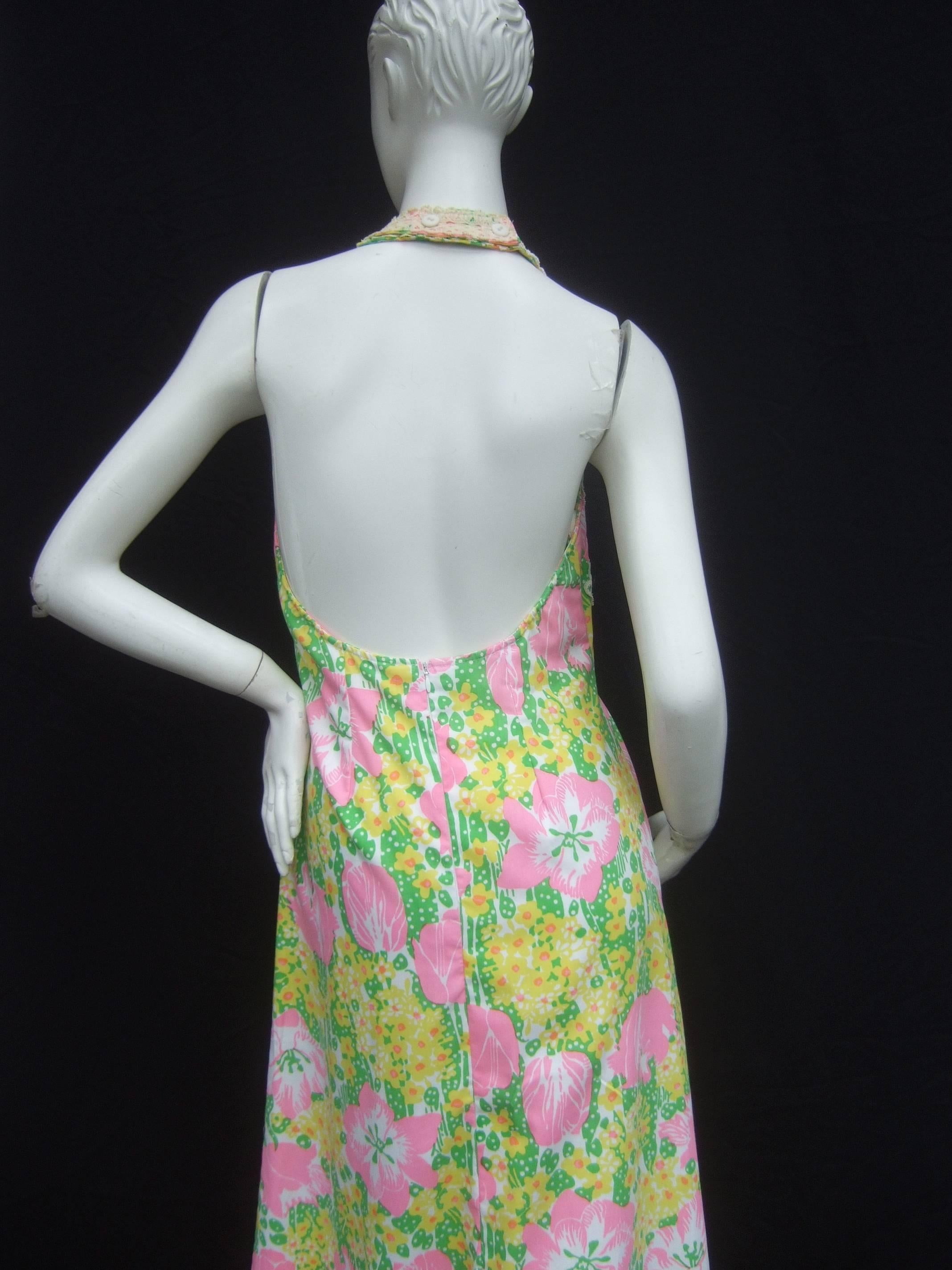 Lilly Pulitzer Vibrant Floral Print Halter Gown c 1970s 2