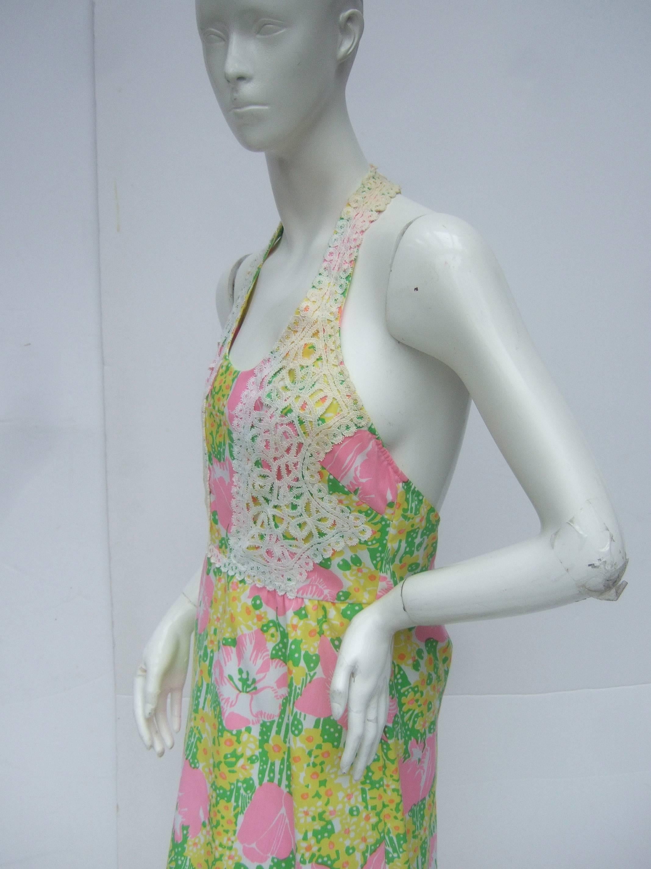 Women's Lilly Pulitzer Vibrant Floral Print Halter Gown c 1970s