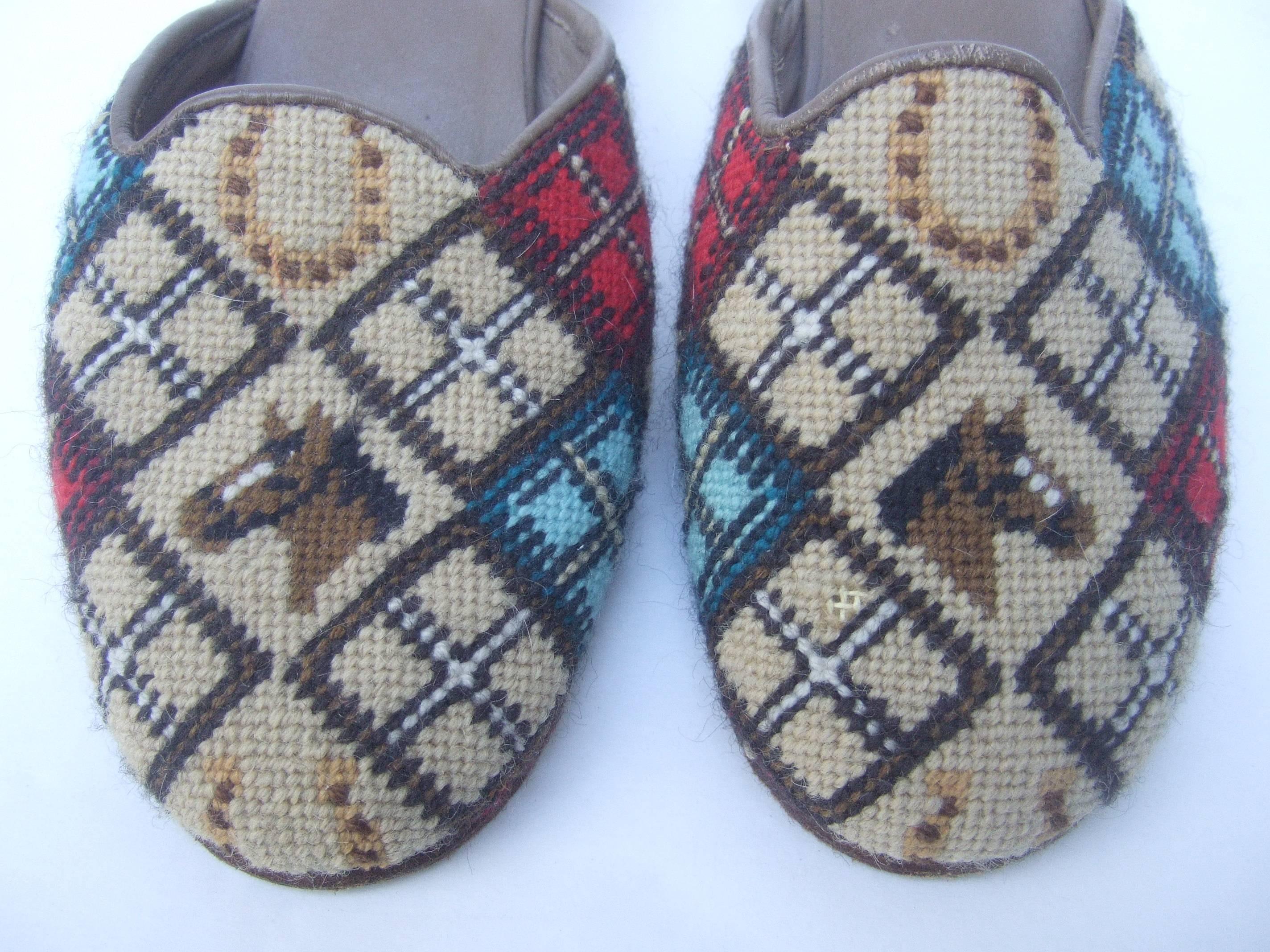 Charming Needlepoint Equine Slipper Shoes Made in Italy c 1980 In Good Condition In University City, MO
