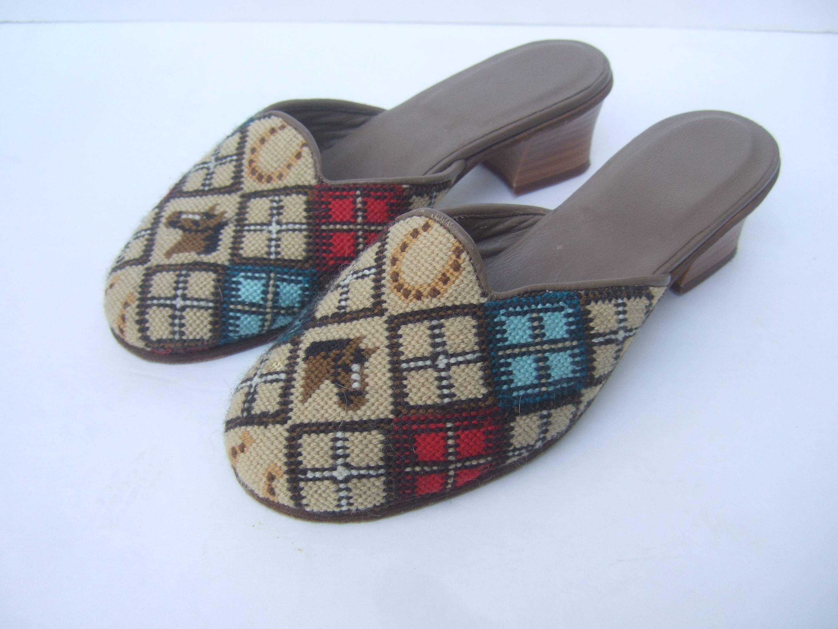 Women's Charming Needlepoint Equine Slipper Shoes Made in Italy c 1980