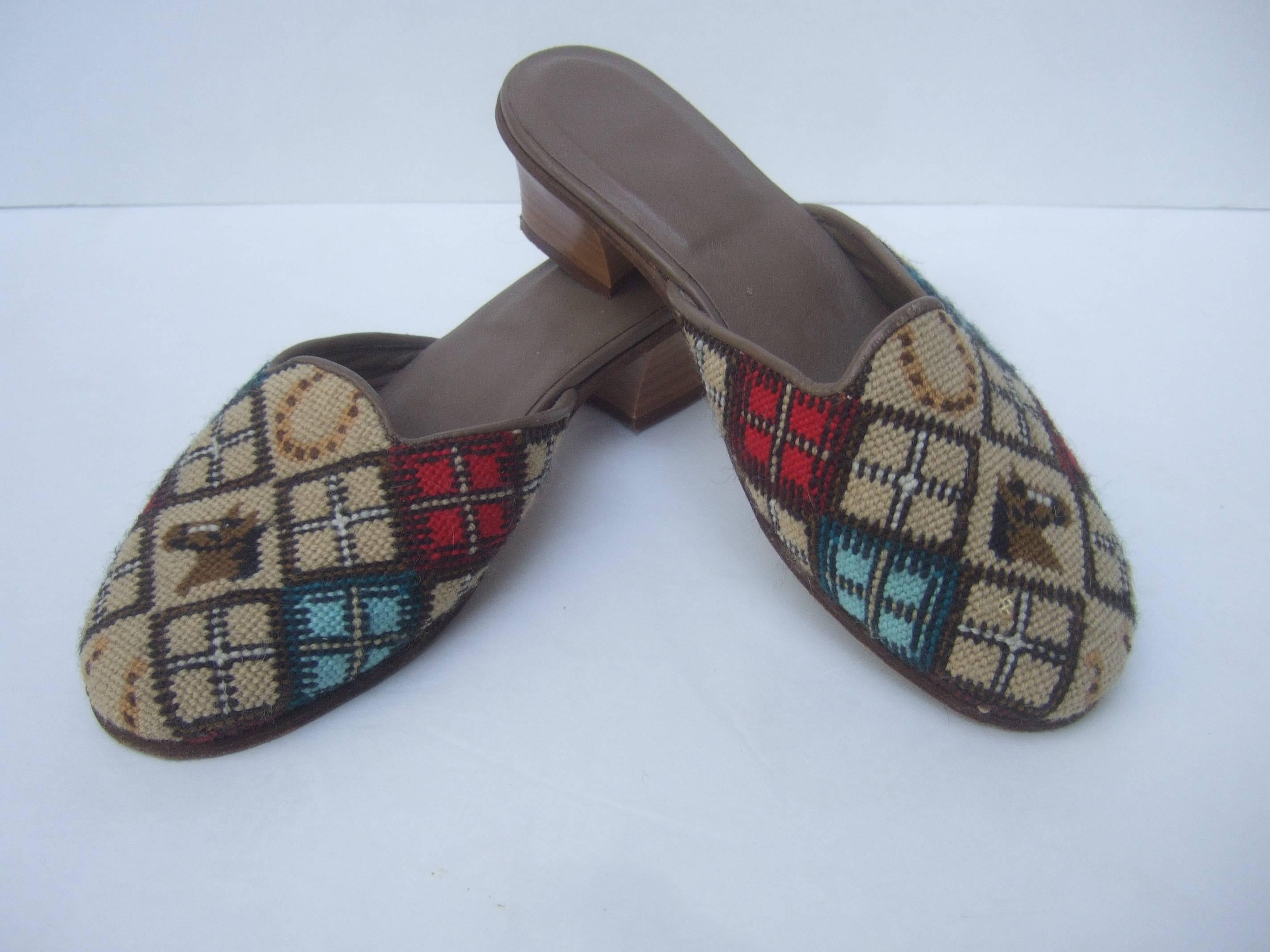 Charming Needlepoint Equine Slipper Shoes Made in Italy c 1980 2