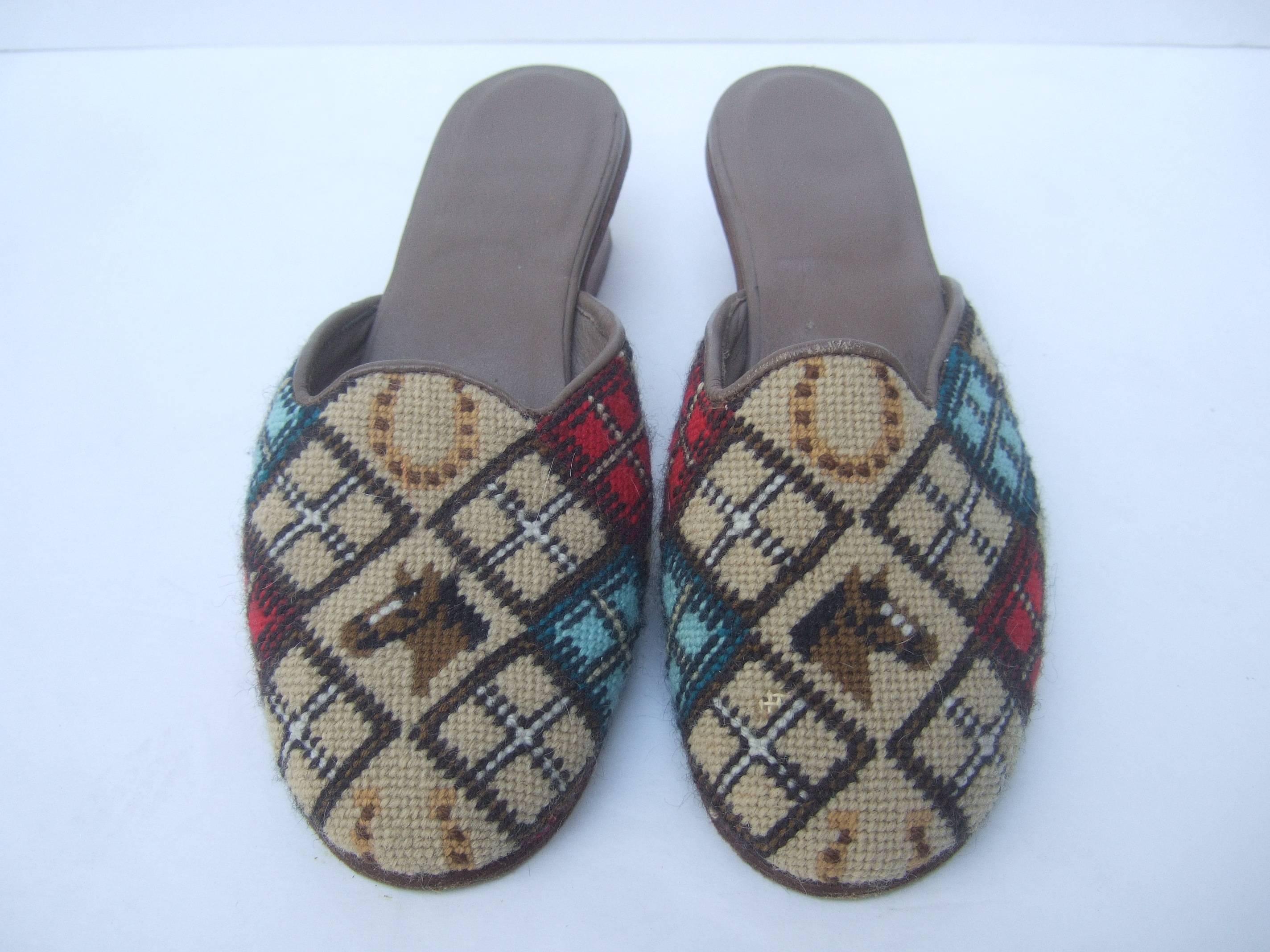 Charming Needlepoint Equine Slipper Shoes Made in Italy c 1980 4