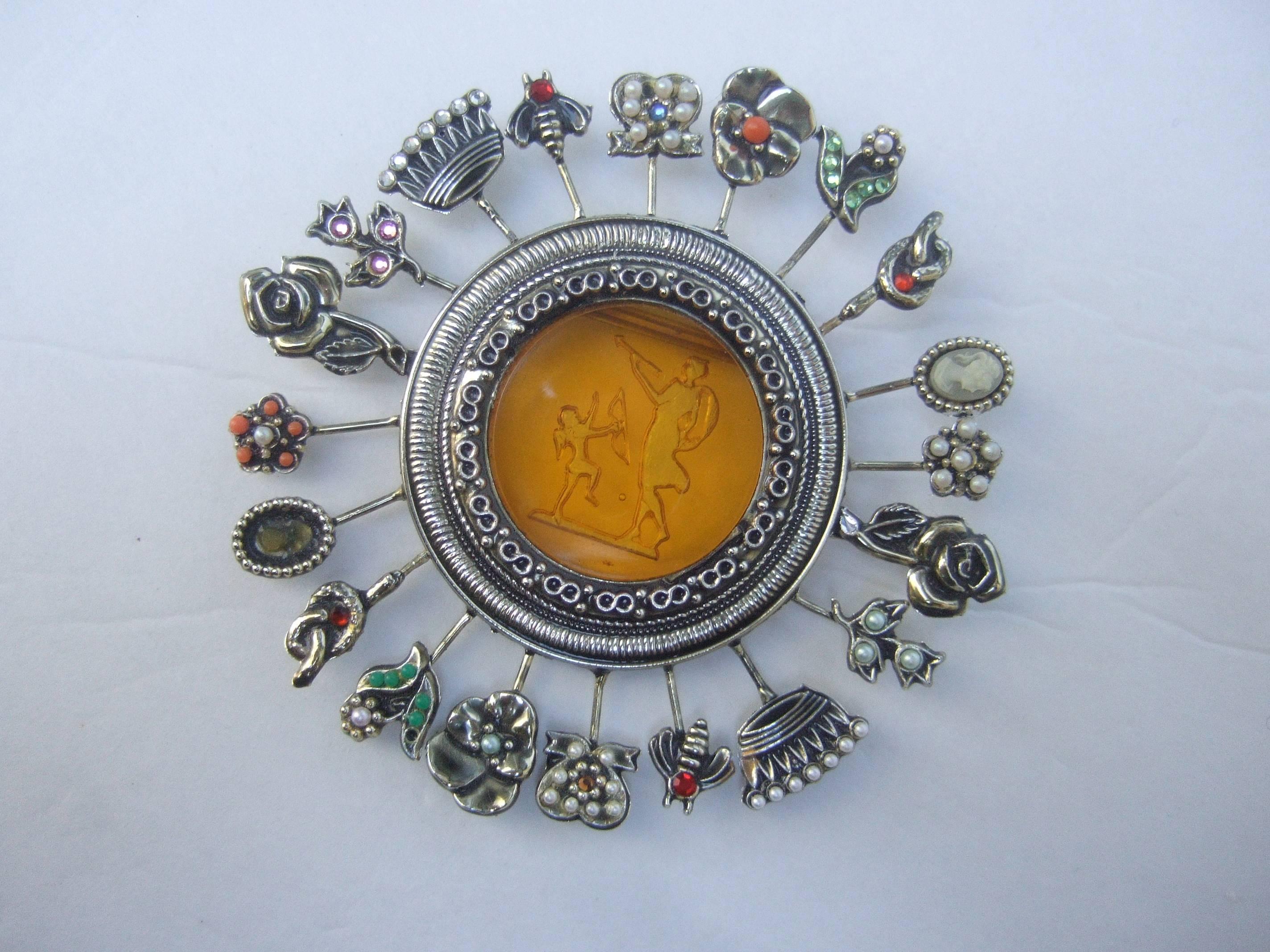 Ornate Intaglio Circular Charm Brooch c 1960 2