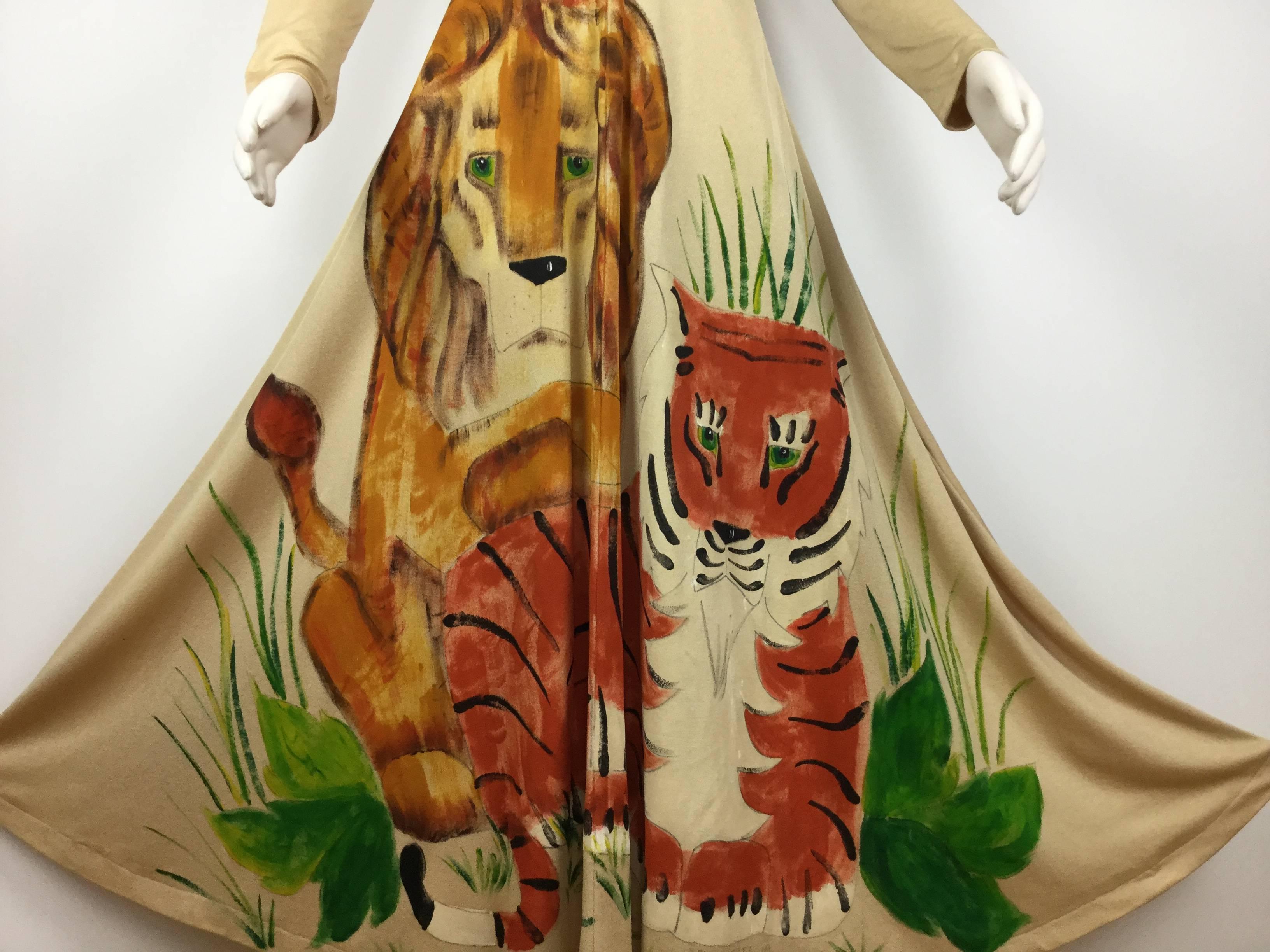 Brown Unique 1970's Hand Painted Big Cats Maxi by Mimosa Tree.