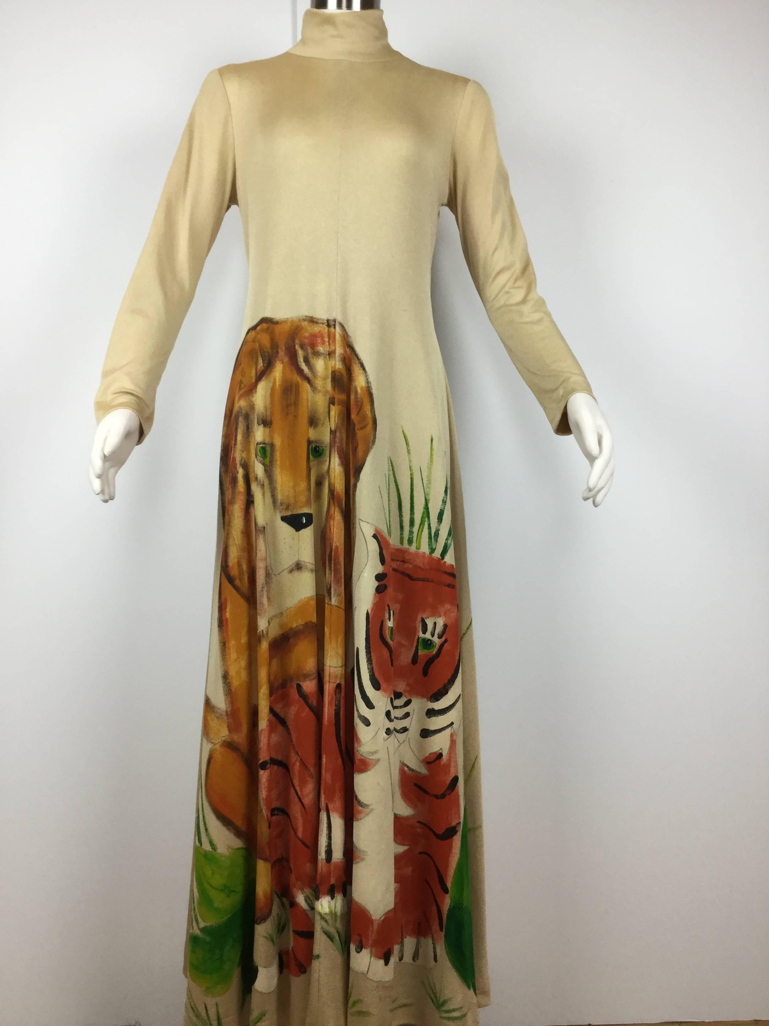 Unique 1970's Hand Painted Big Cats Maxi by Mimosa Tree. In Excellent Condition In University City, MO