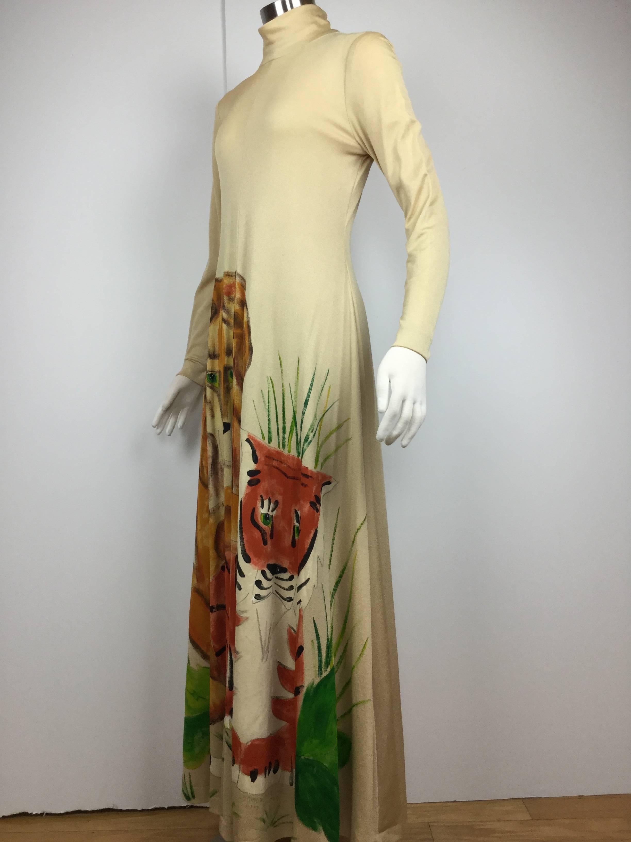 Unique 1970's Hand Painted Big Cats Maxi by Mimosa Tree. 1