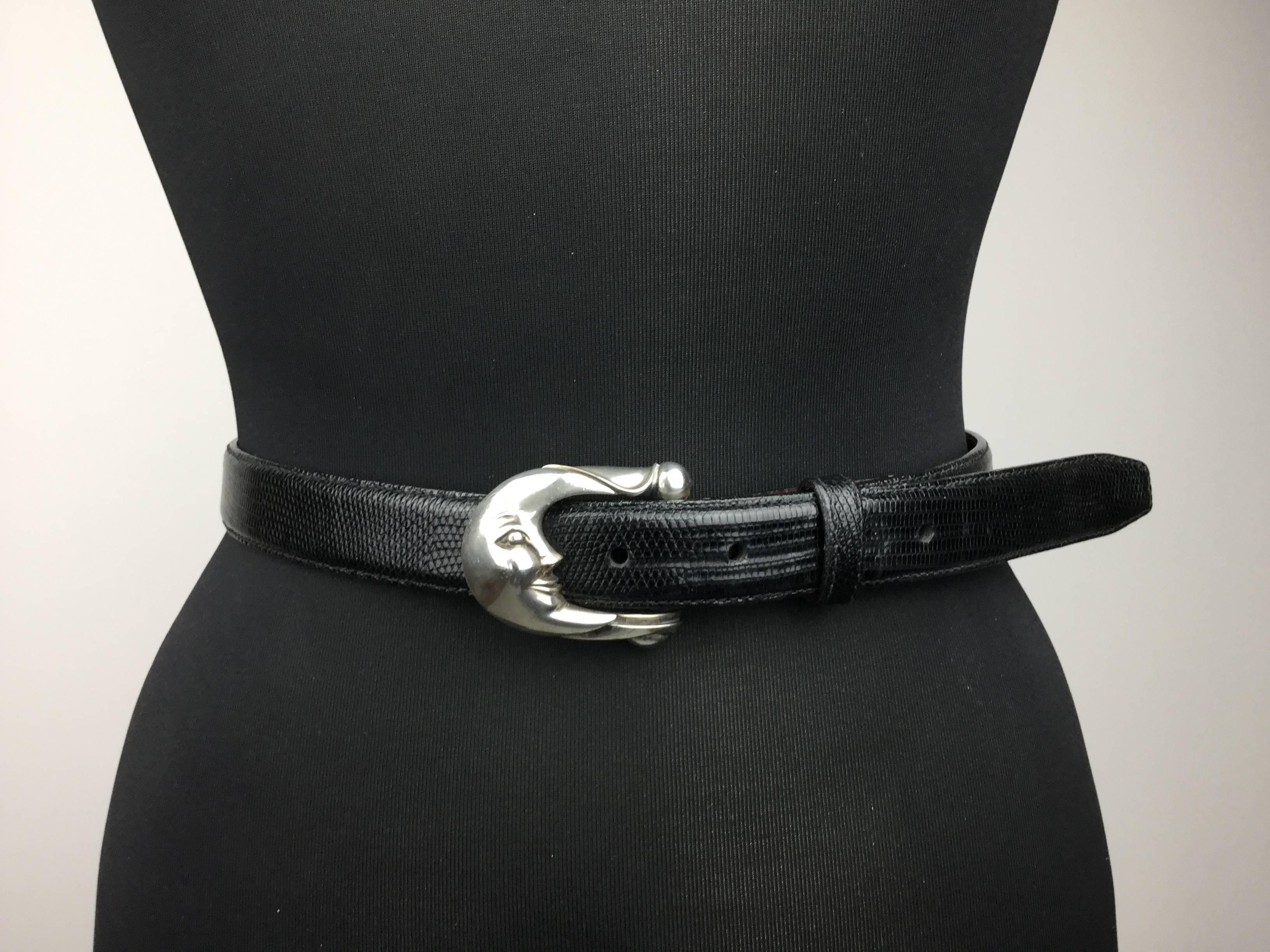 Iconic Sterling Moon Buckle and Lizard Belt by Barry Kieselstein Cord. 1980's.  1