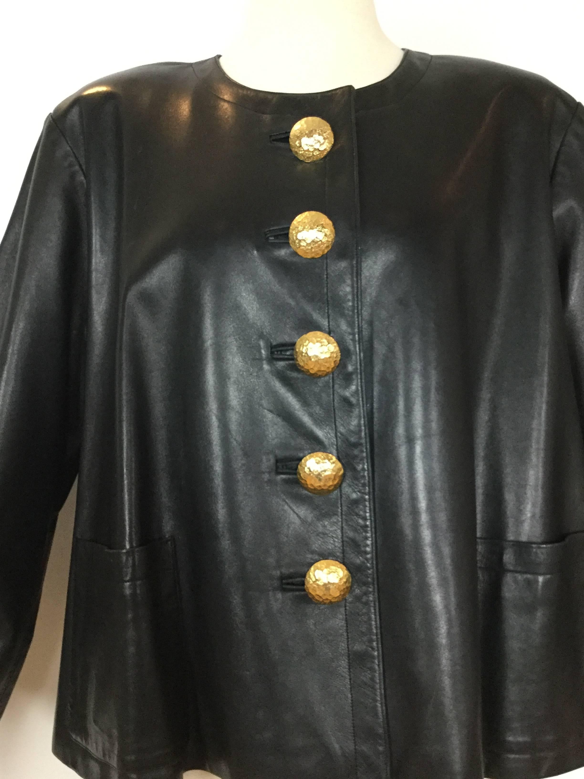 Women's Yves Saint Laurent Black Leather Swing Jacket. 1980's.