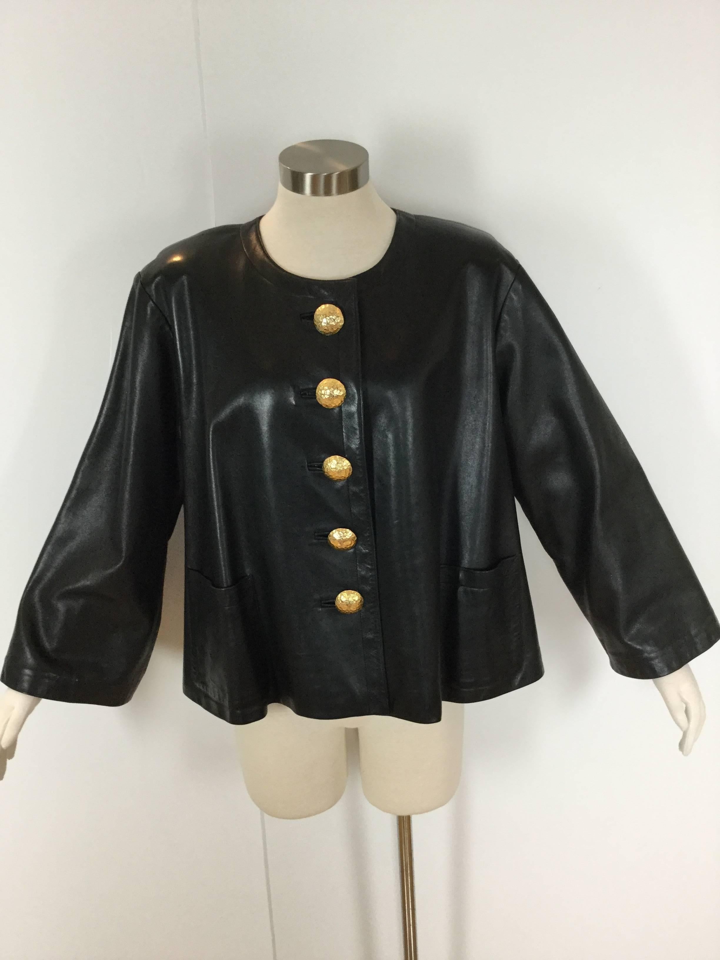 Yves Saint Laurent Black Leather Swing Jacket. 1980's. 3