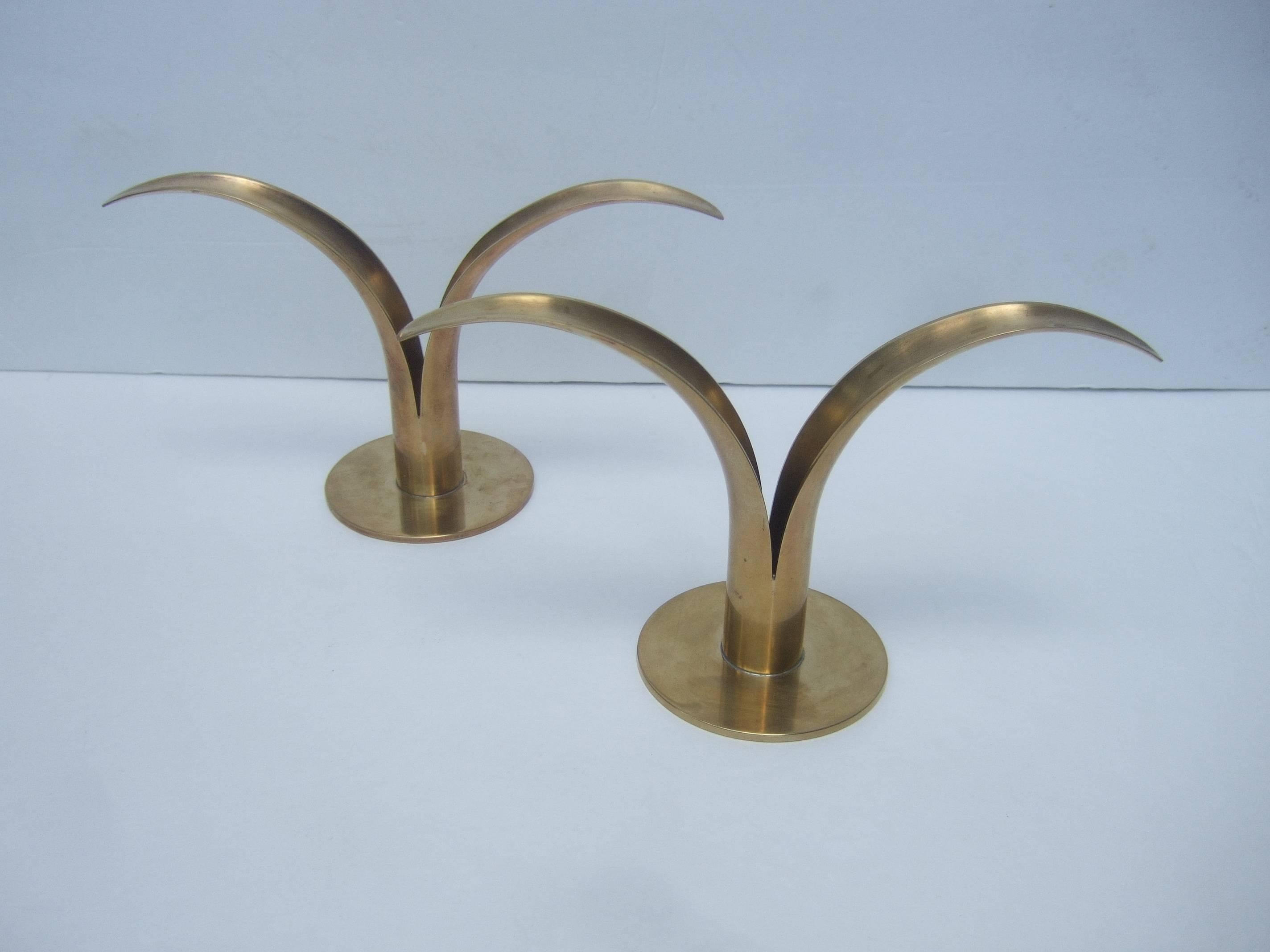 Brown Sleek Pair of Danish Modern Fluted Brass Candle Holders ca 1960