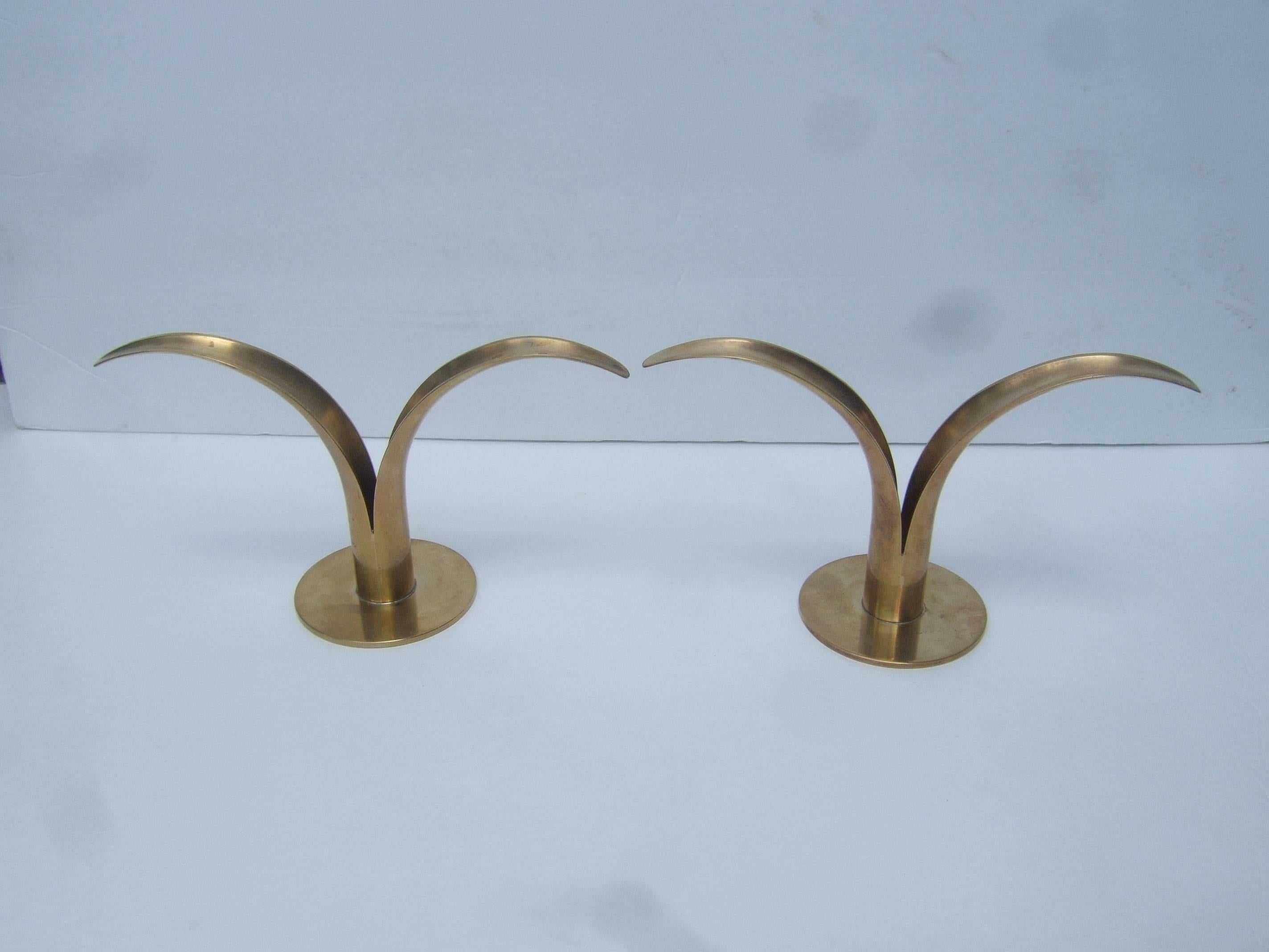 Sleek Pair of Danish Modern Fluted Brass Candle Holders ca 1960 2