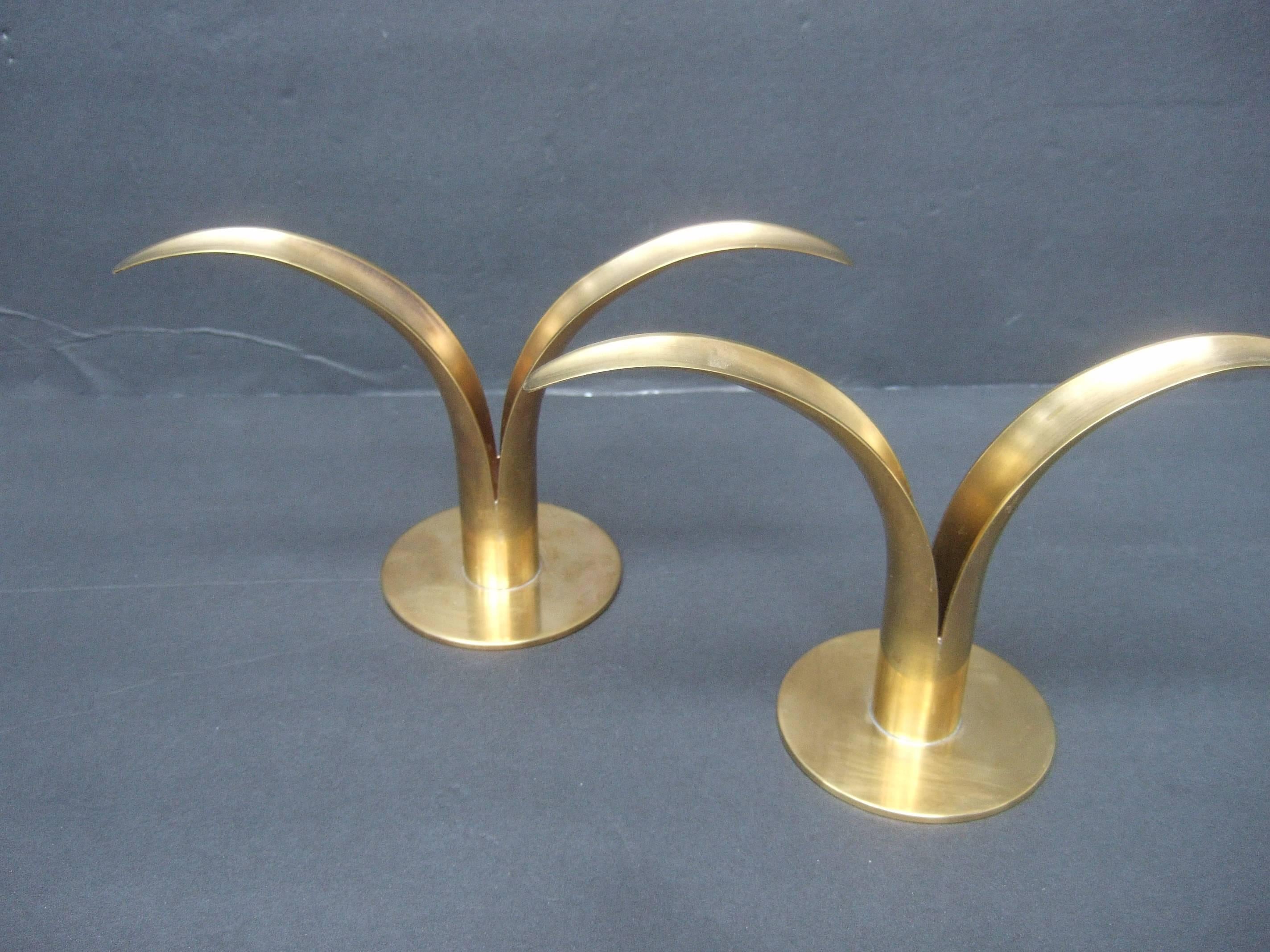 Sleek Pair of Danish Modern Fluted Brass Candle Holders ca 1960 4