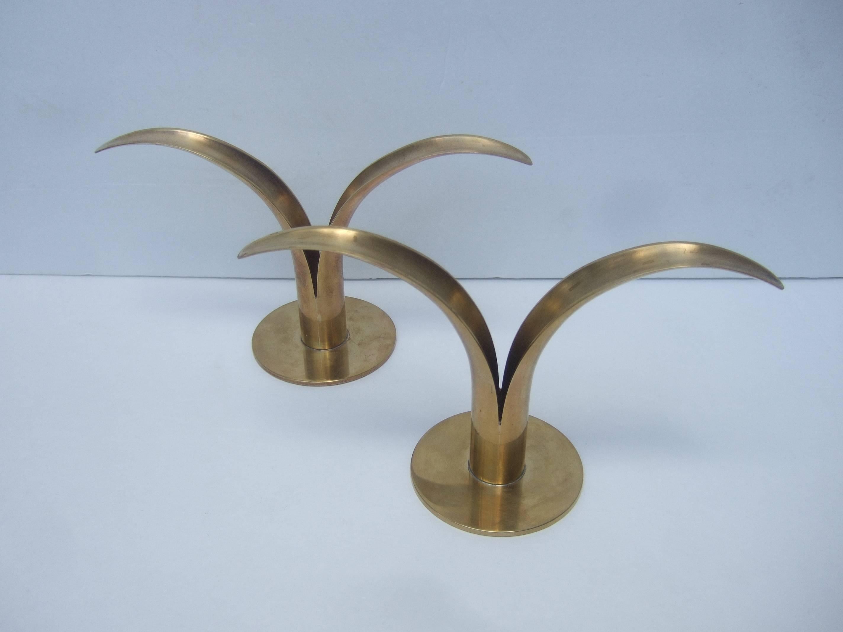 Sleek Pair of Danish Modern Fluted Brass Candle Holders ca 1960 1