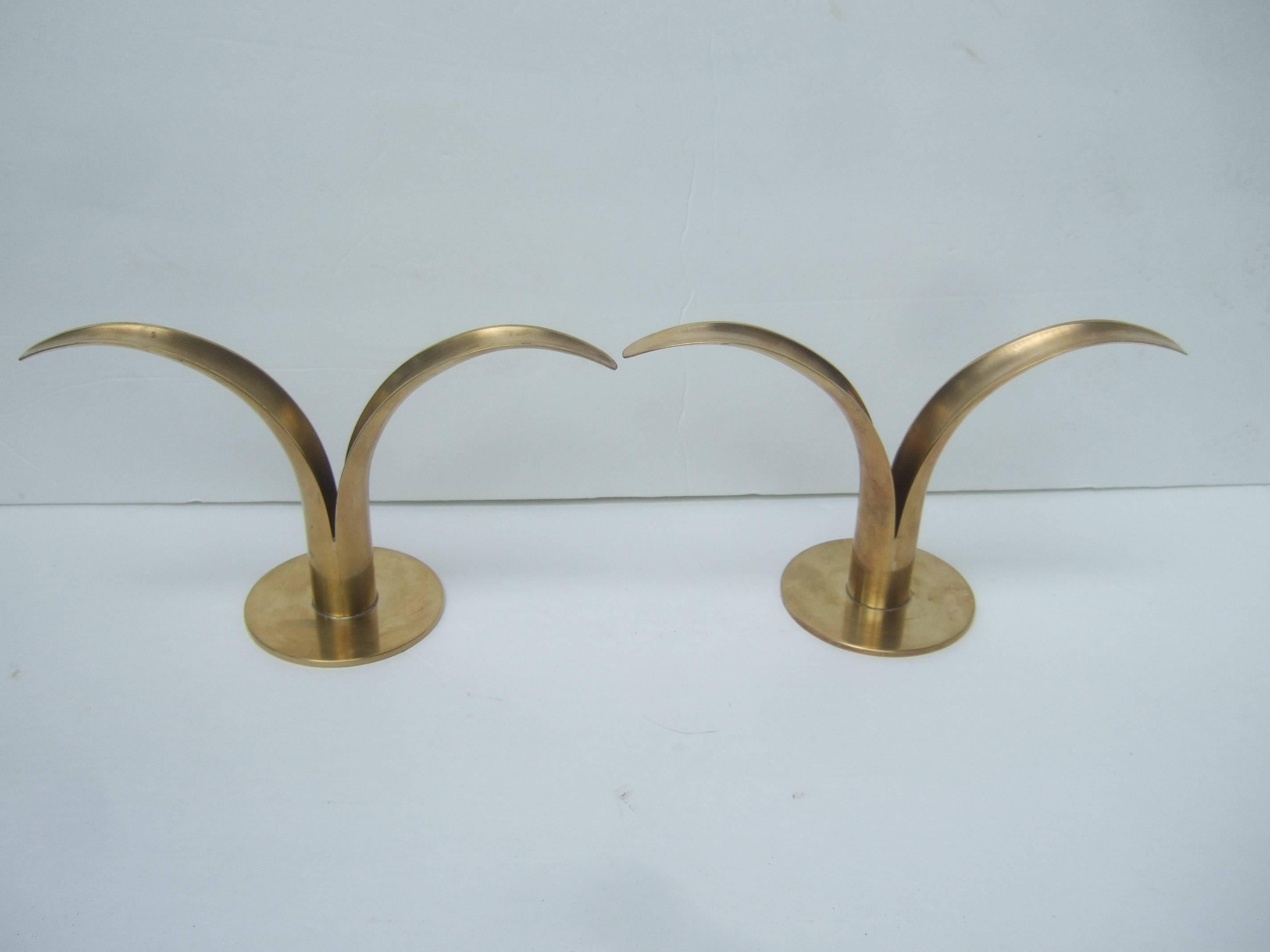 Sleek Pair of Danish Modern Fluted Brass Candle Holders ca 1960 In Good Condition In University City, MO