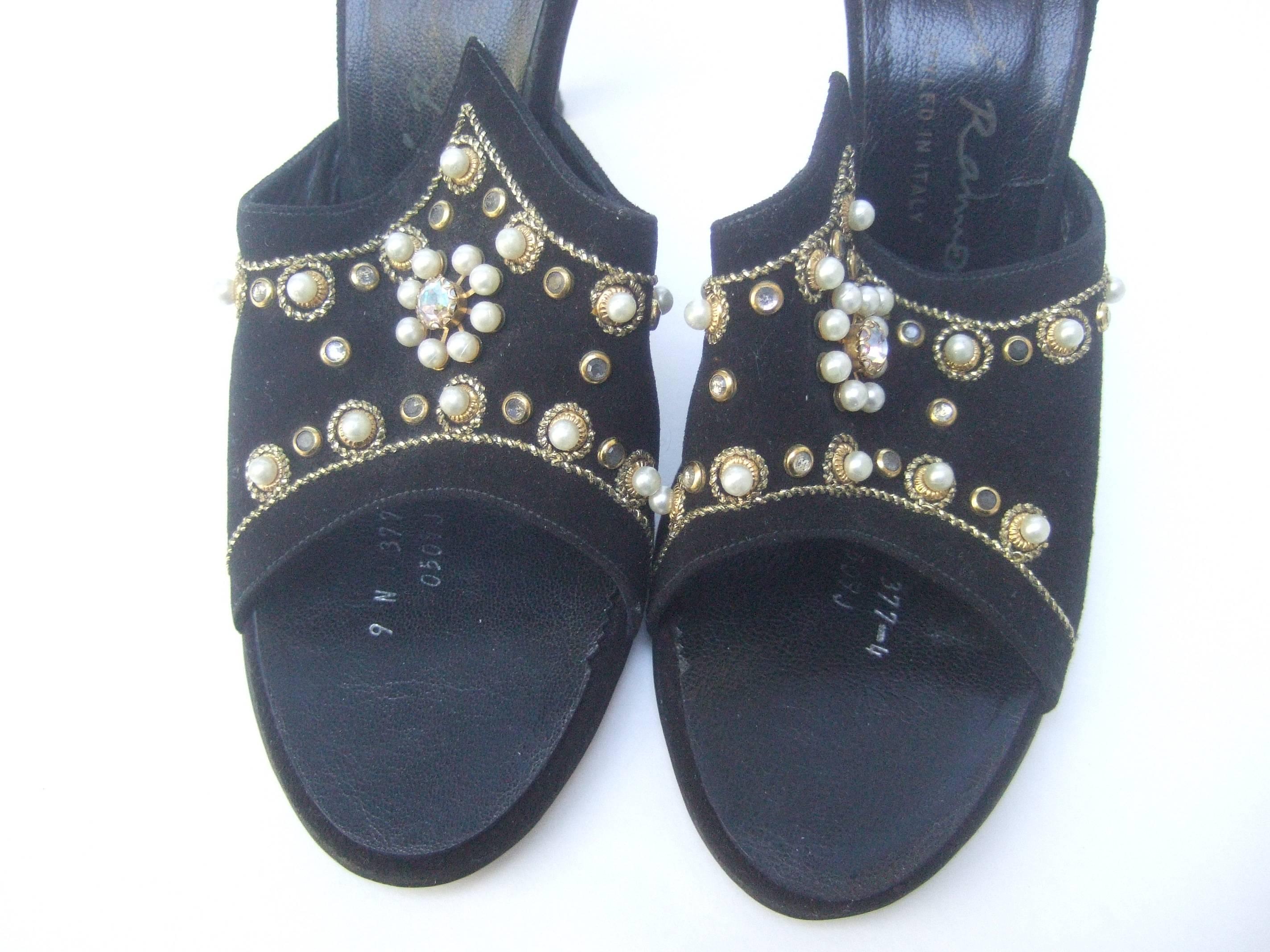 Jeweled Vintage Black Suede Mules Made in Italy ca 1960 For Sale 1