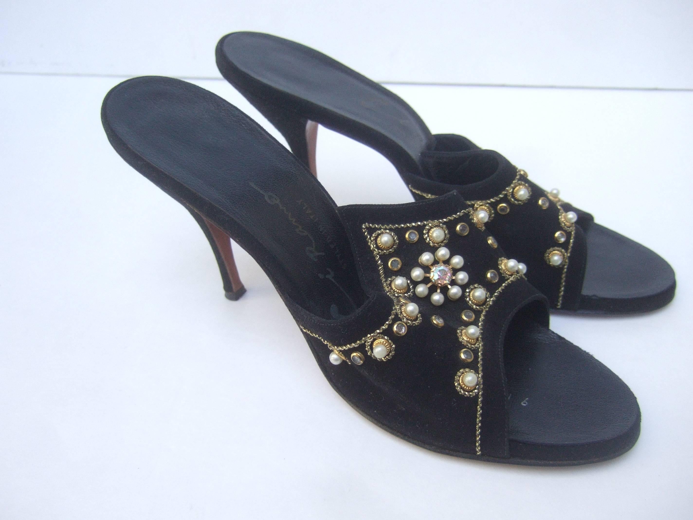 Women's Jeweled Vintage Black Suede Mules Made in Italy ca 1960 For Sale
