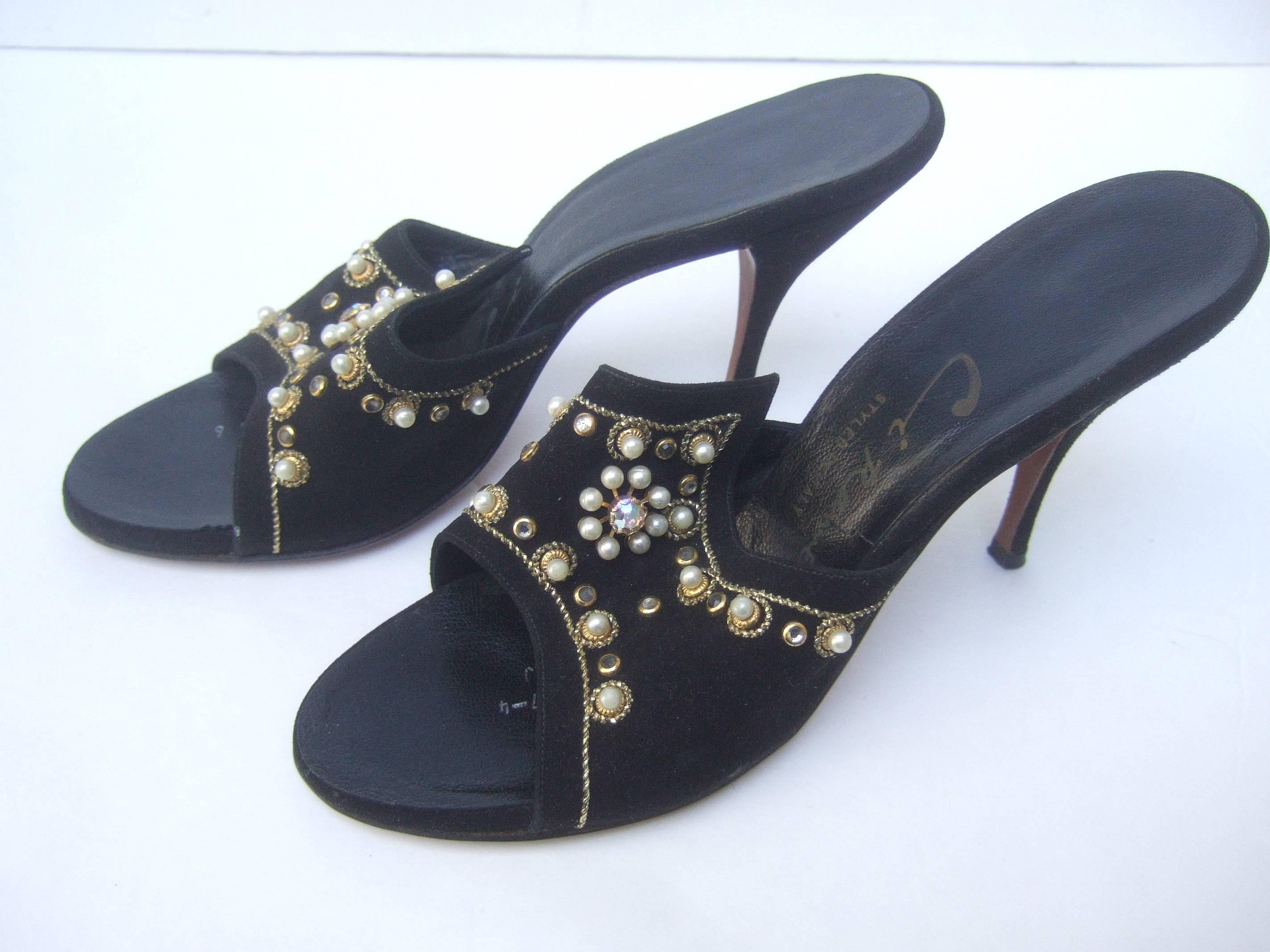 Jeweled Vintage Black Suede Mules Made in Italy ca 1960 For Sale 3