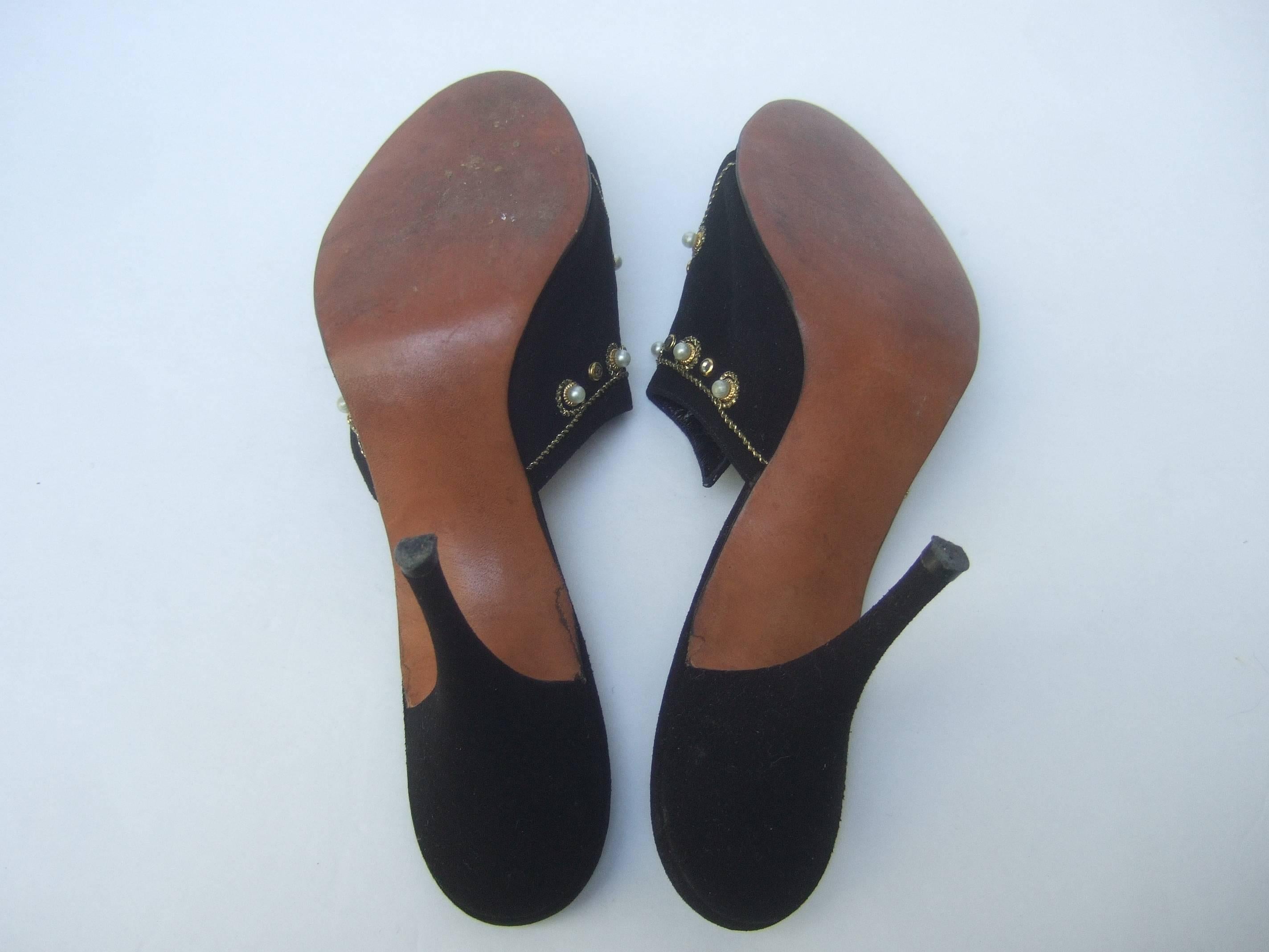 Jeweled Vintage Black Suede Mules Made in Italy ca 1960 For Sale 6