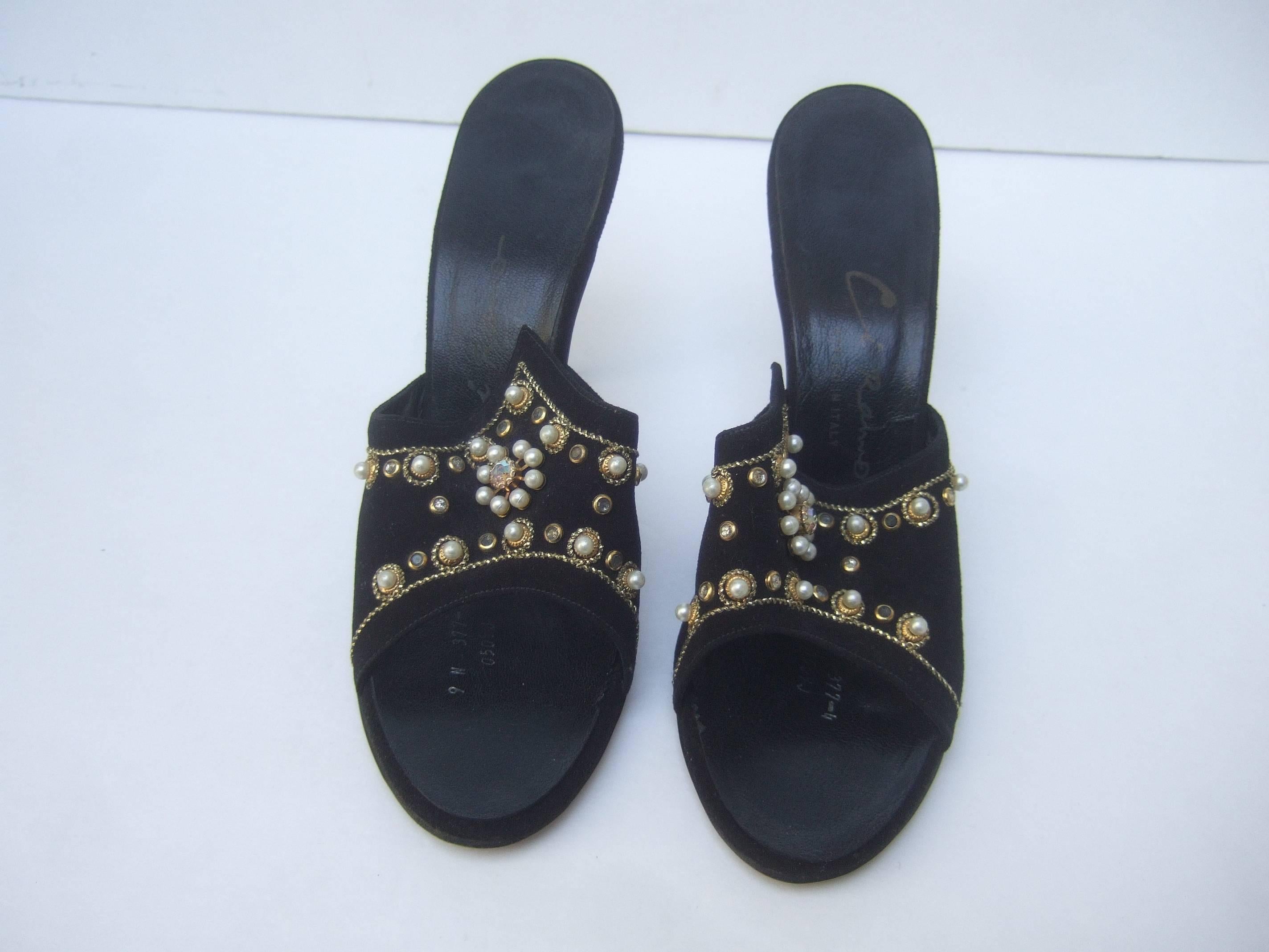 Jeweled Vintage Black Suede Mules Made in Italy ca 1960 For Sale 4