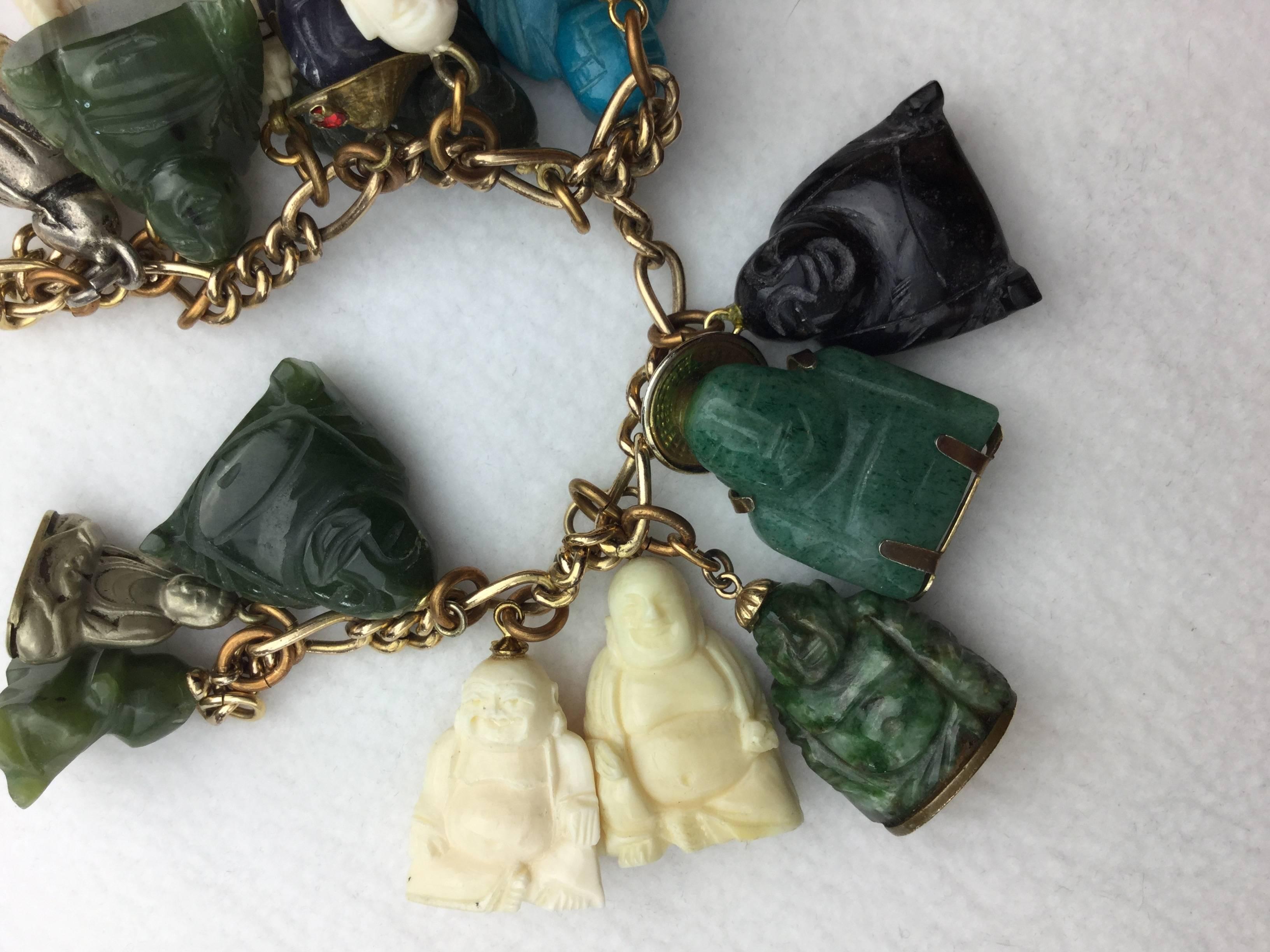 Vintage Hand Carved Stone Buddha Charm Bracelet.  In Good Condition In University City, MO