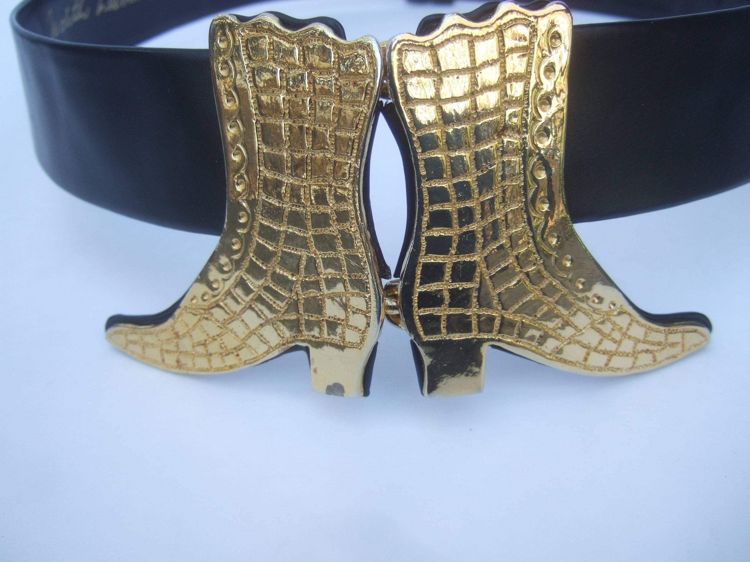 Judith Leiber Gilt Boot Buckle Black Leather Belt ca 1980s In Good Condition In University City, MO