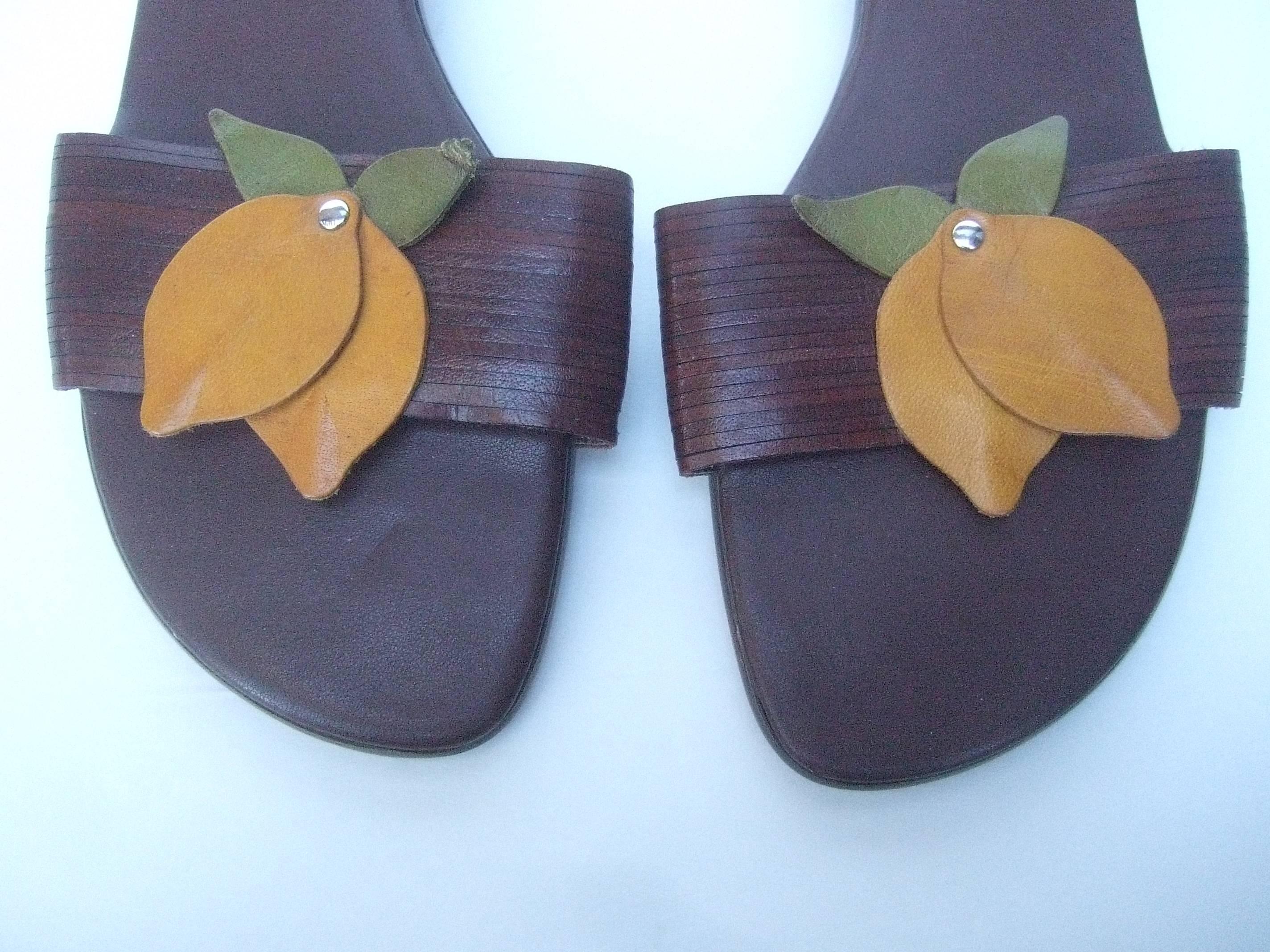 Black Whimsical Italian Leather Applique Lemon Sandals US Size 9  For Sale