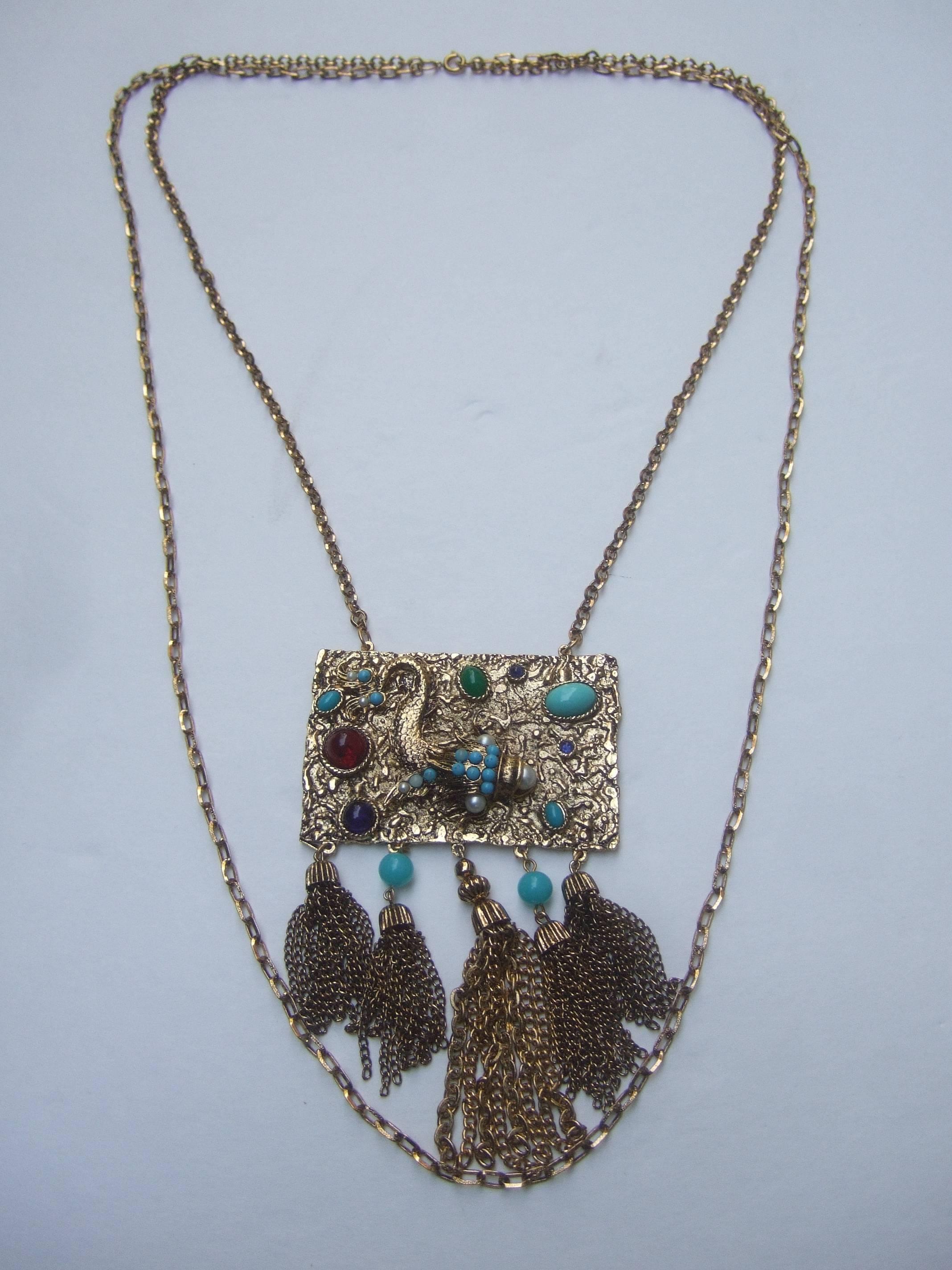 Egyptian Revival Exotic Jeweled Serpent Pendant Necklace ca 1970  For Sale