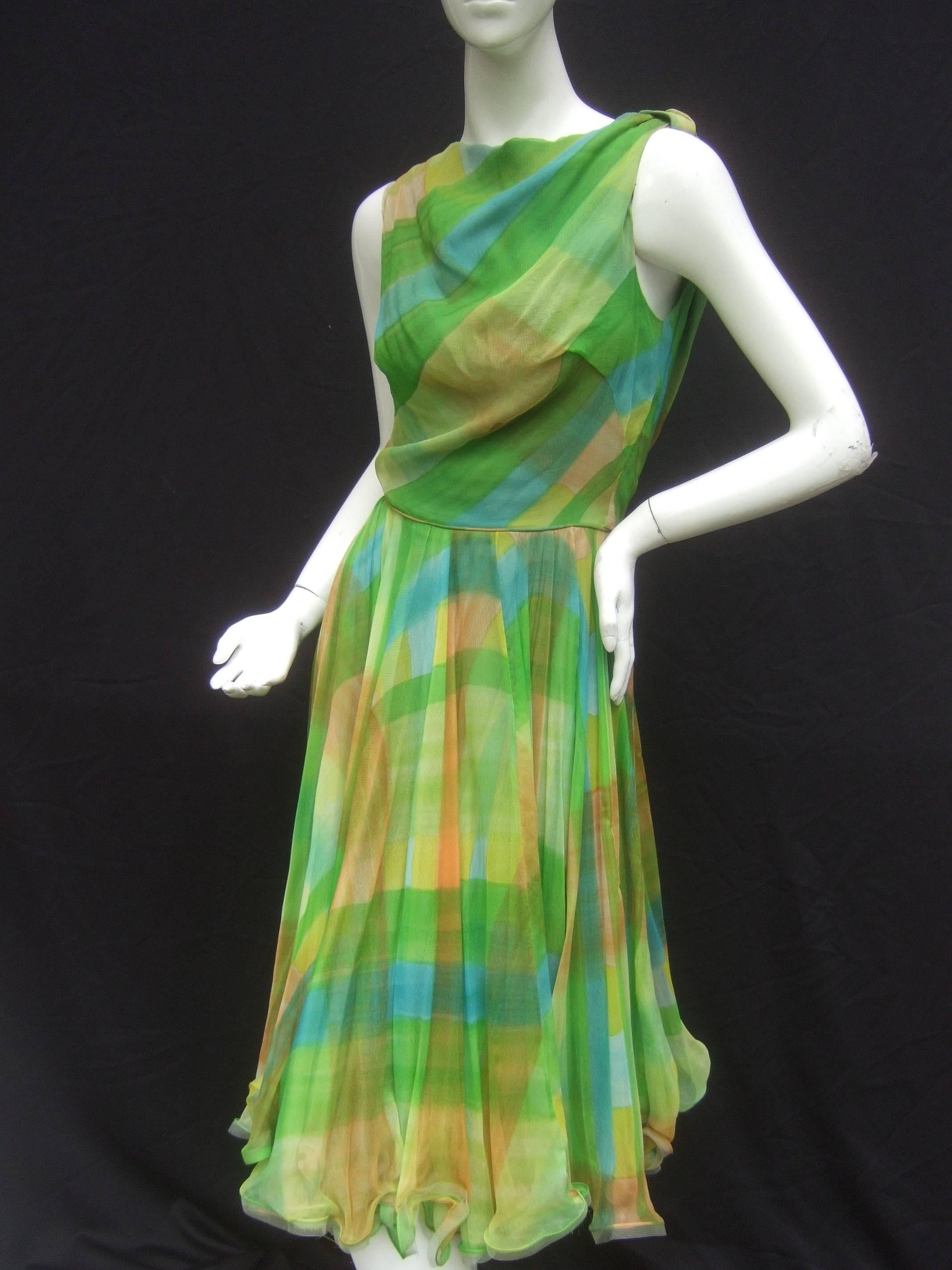 Green 1960s Vibrant Sheer Silk Chiffon Swing Dress ca 1960