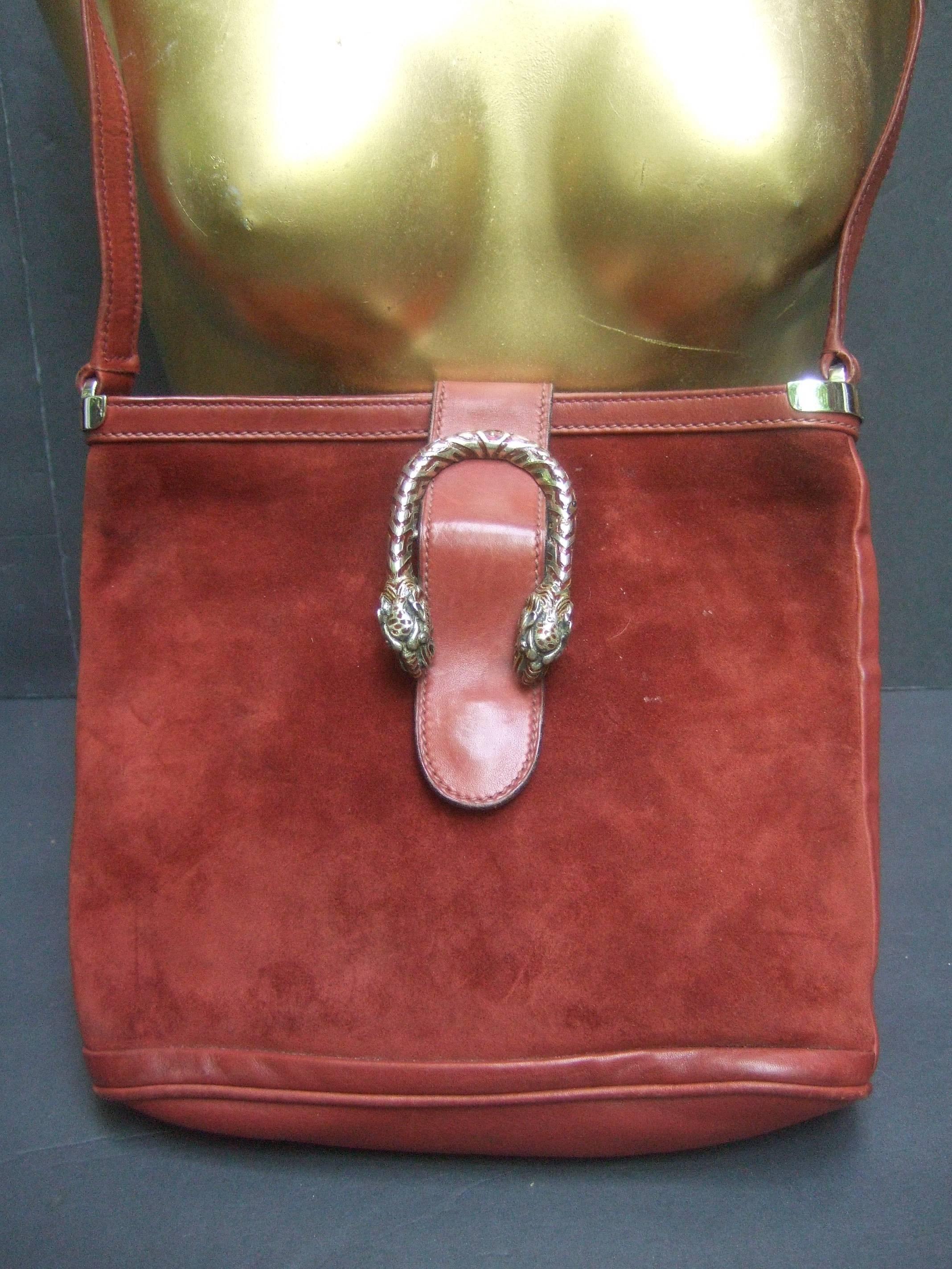 Gucci Extremely Rare Sterling Silver Tiger Clasp Suede Handbag ca 1970s  In Good Condition In University City, MO