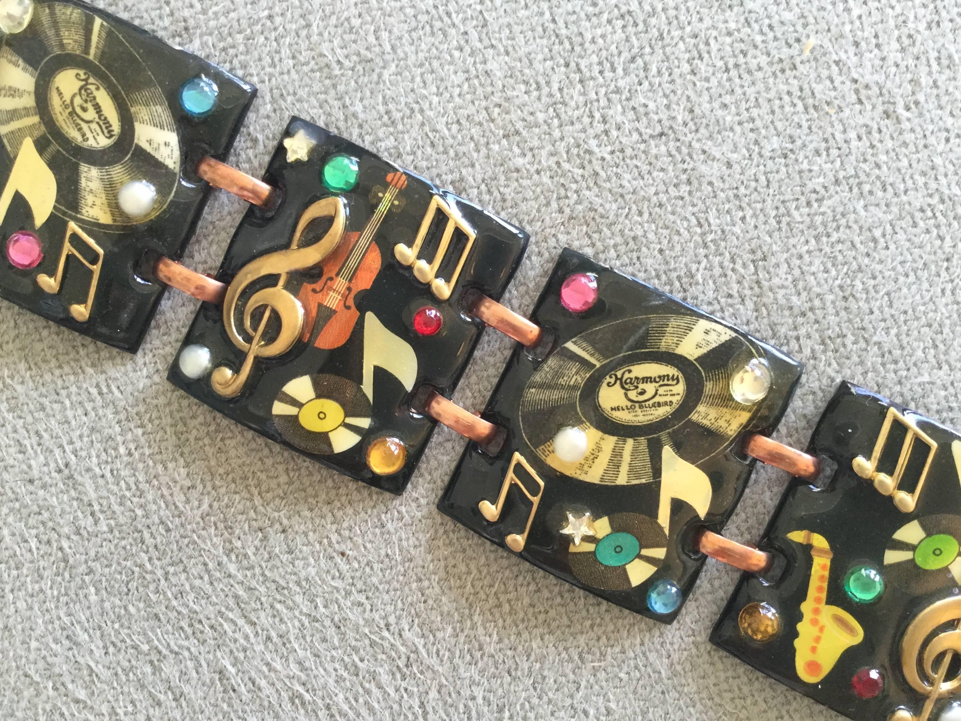 Modernist Fabulous 1950's Enamel Copper Bracelet.  Music Themed.