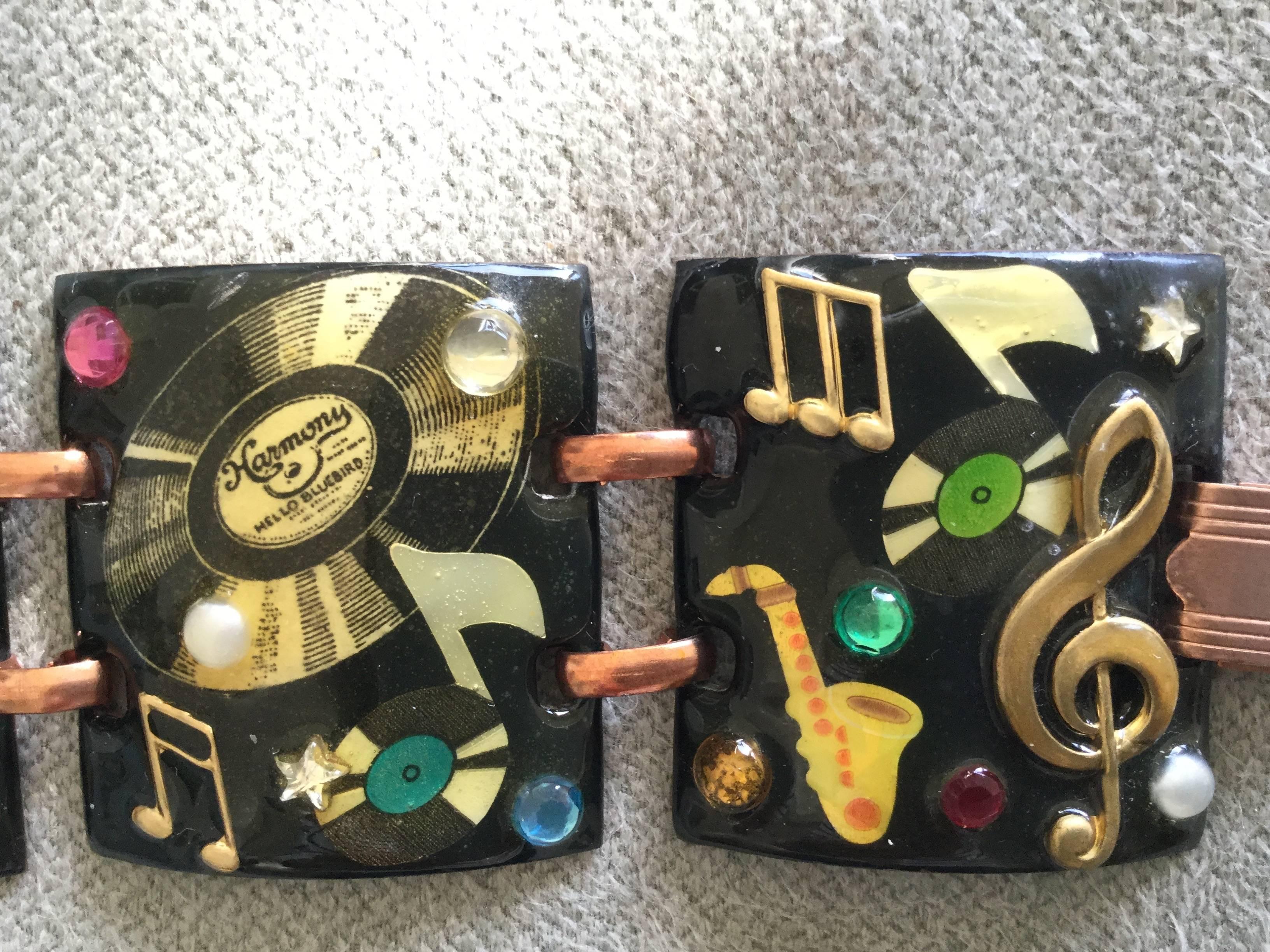 Fabulous 1950's Enamel Copper Bracelet.  Music Themed. In Excellent Condition In University City, MO