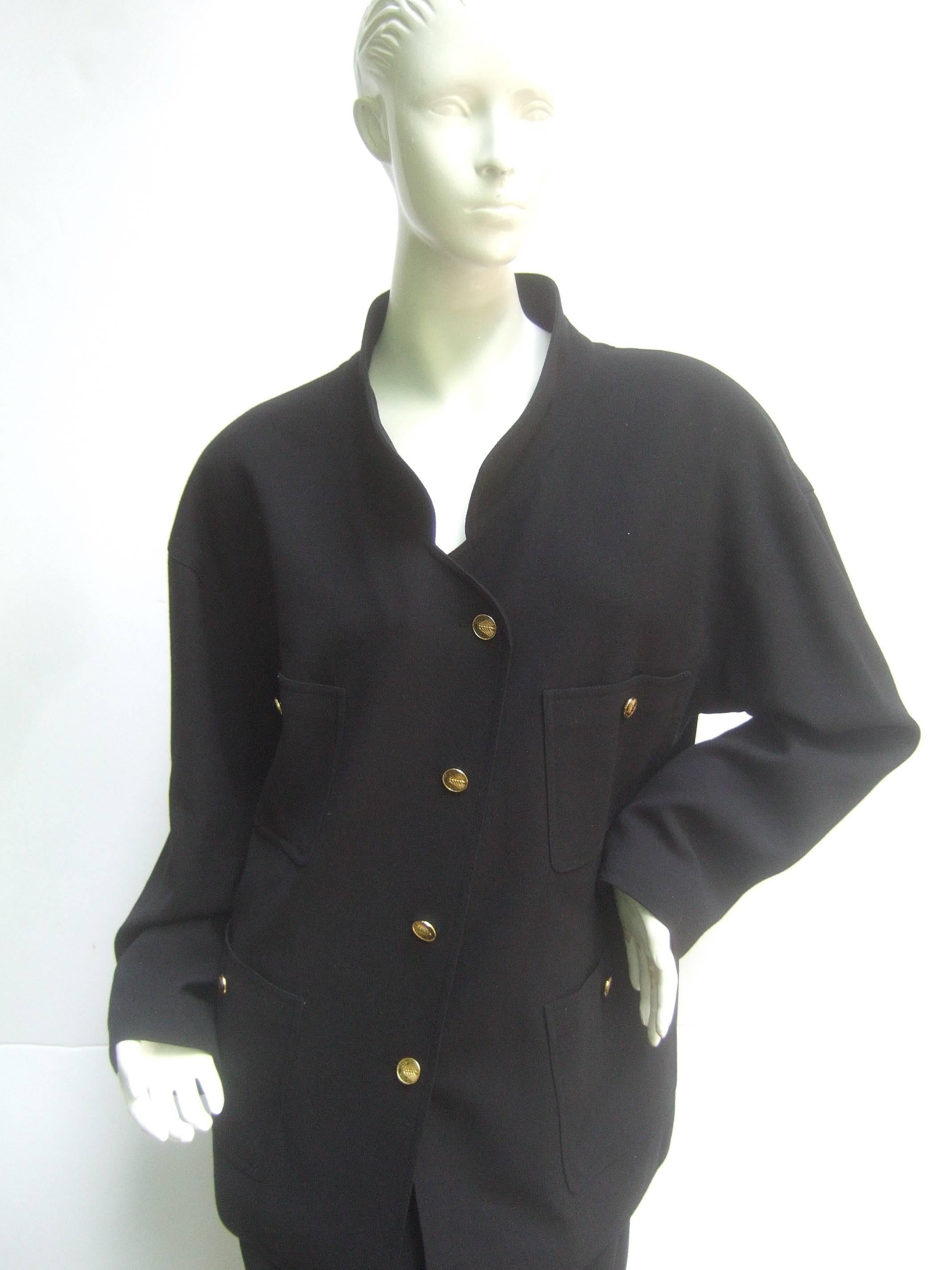 Chanel Classic Black Wool Military Style Skirt Suit ca 1990s In Excellent Condition In University City, MO