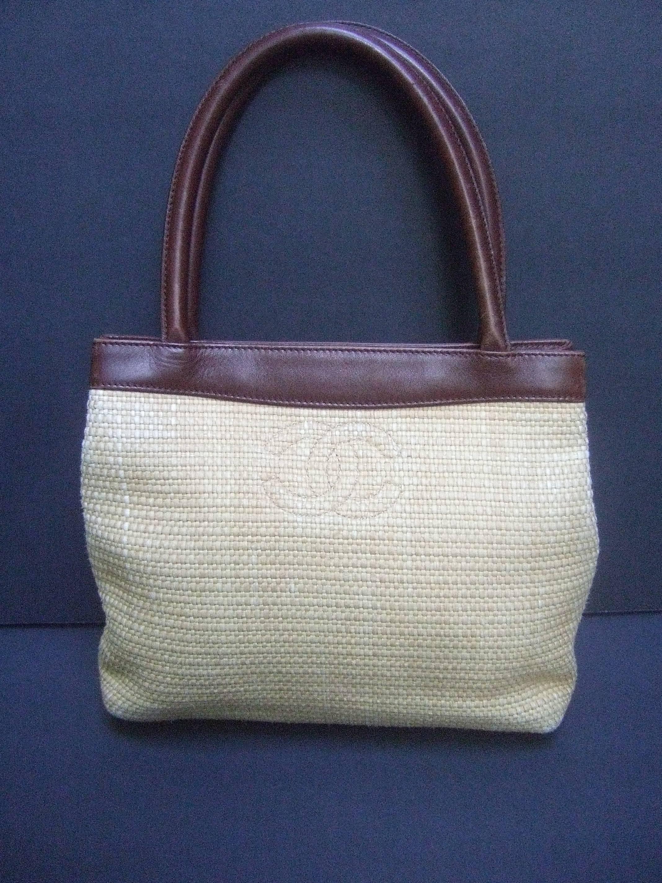 Gray Chanel Woven Raffia Brown Leather Trim Handbag Made in Italy