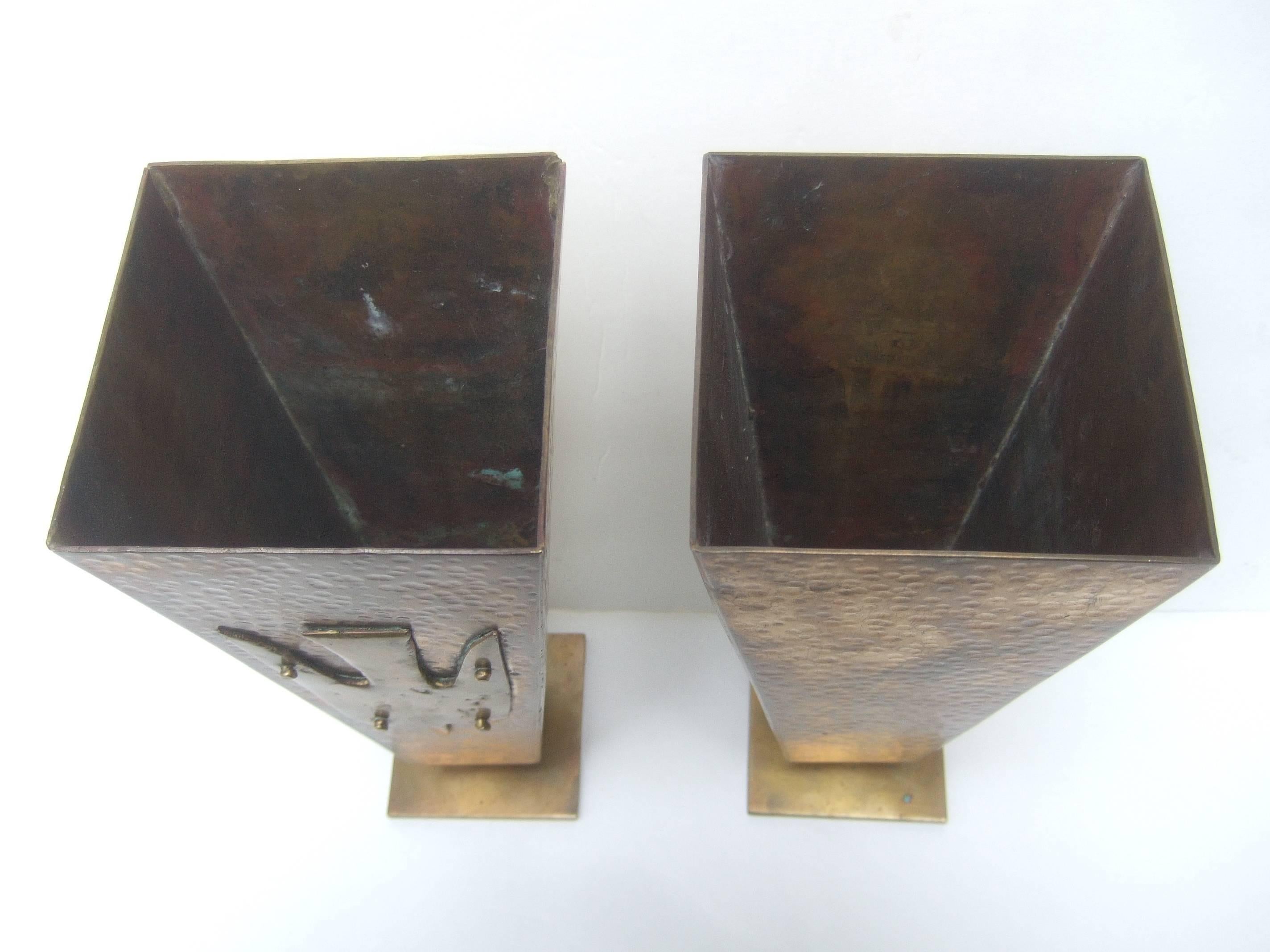 Brutalist Pair of Brass Metal Artisan Bird Urns ca 1974 2