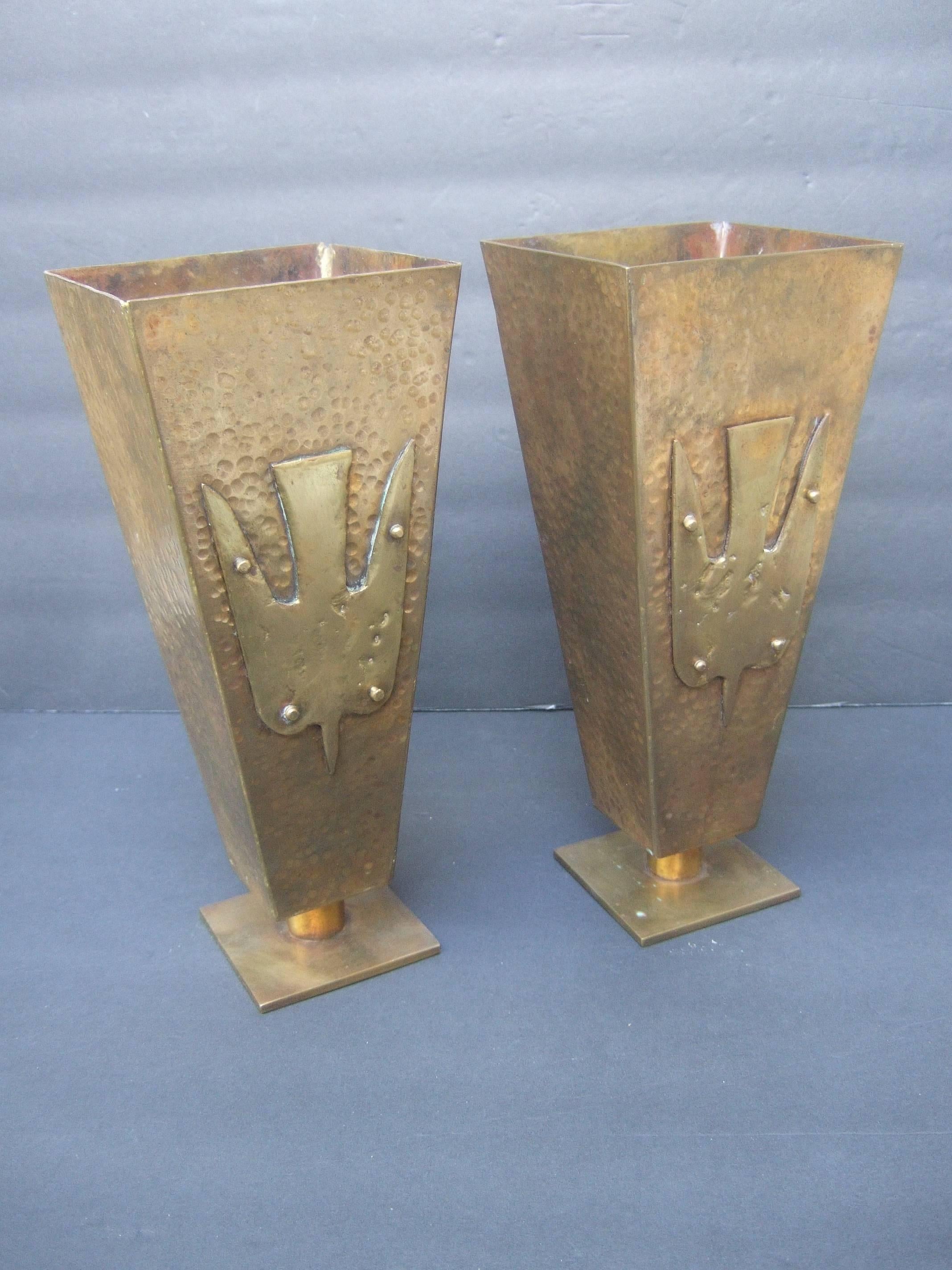 Brown Brutalist Pair of Brass Metal Artisan Bird Urns ca 1974