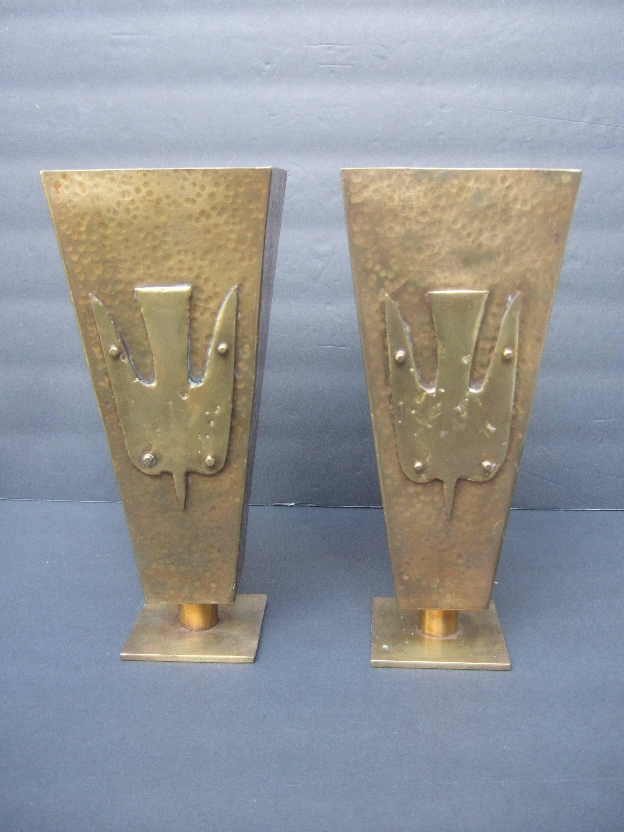 Brutalist Pair of Brass Metal Artisan Bird Urns ca 1974 4