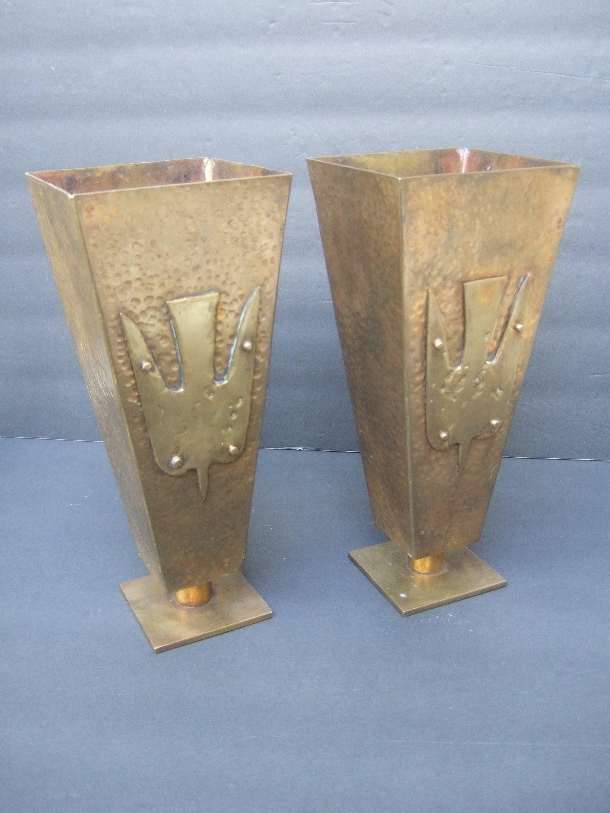 Brutalist Pair of Brass Metal Artisan Bird Urns ca 1974 5