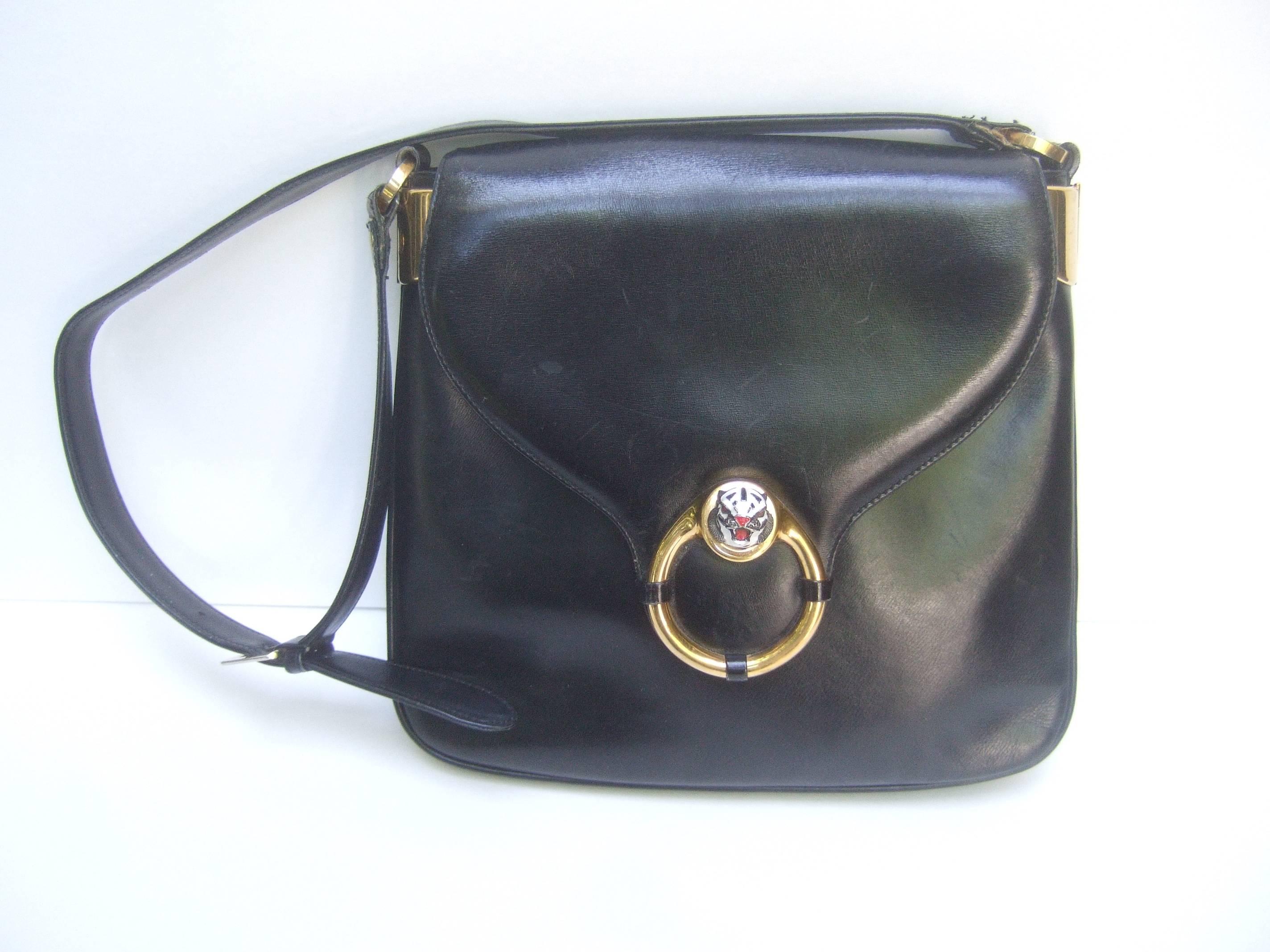 Black Gucci Rare Ebony Leather Tiger Emblem Shoulder Bag ca 1970s